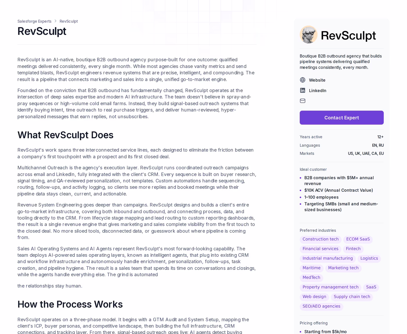 RevSculpt profile page in the Salesforge Forge Expert directory describing its outbound services, markets, and preferred industries