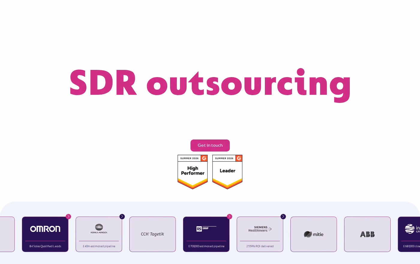 durhamlane homepage showing the SDR outsourcing headline, two G2 Summer 2026 badges, and a client carousel with Konica Minolta at 40 million pounds estimated pipeline