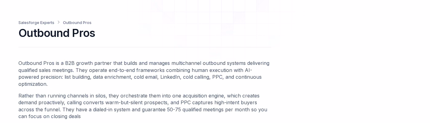 Outbound Pros profile page in the Salesforge Forge Expert directory listing multichannel services and a guarantee of 50 to 75 qualified meetings per month
