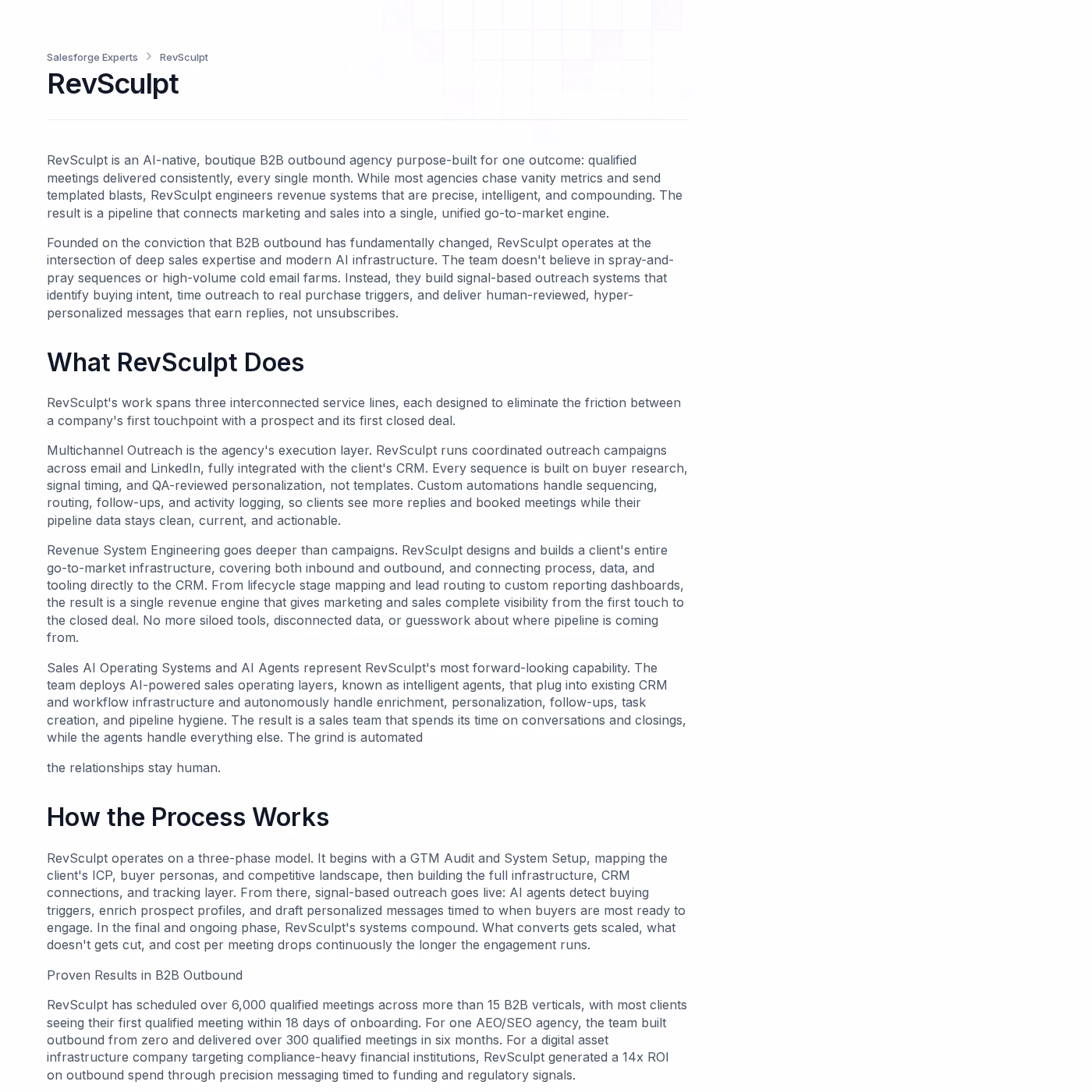 RevSculpt profile page in the Salesforge Forge Expert directory describing signal-based outreach and reporting over 6,000 qualified meetings