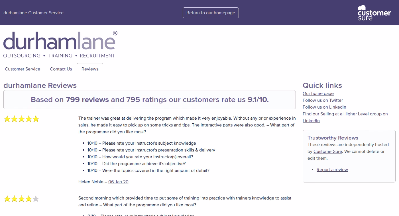 durhamlane review page hosted by CustomerSure showing 9.1 out of 10 from 799 reviews, with instructor rating questions visible
