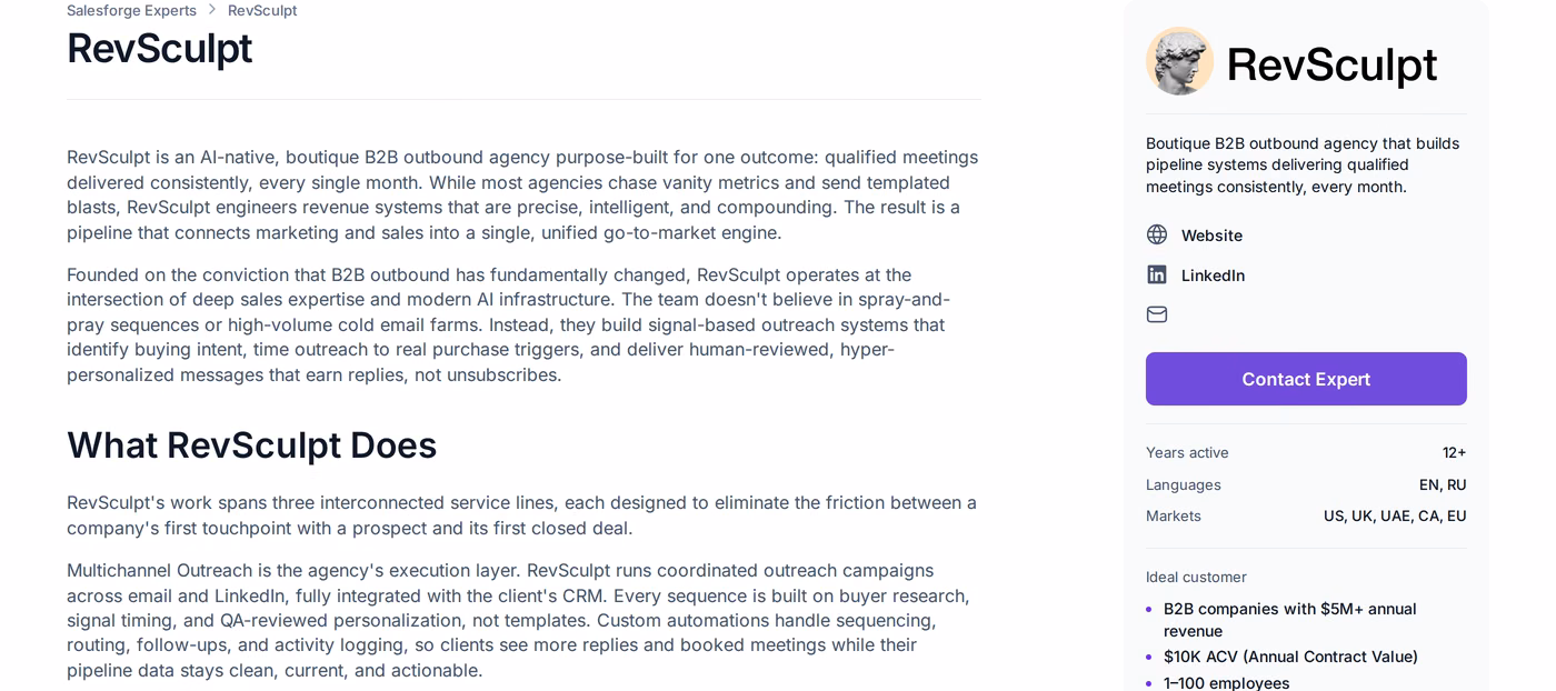 RevSculpt profile page in the Forge Expert directory showing a boutique signal-based outbound model, 12+ years active and pricing from $5k per month