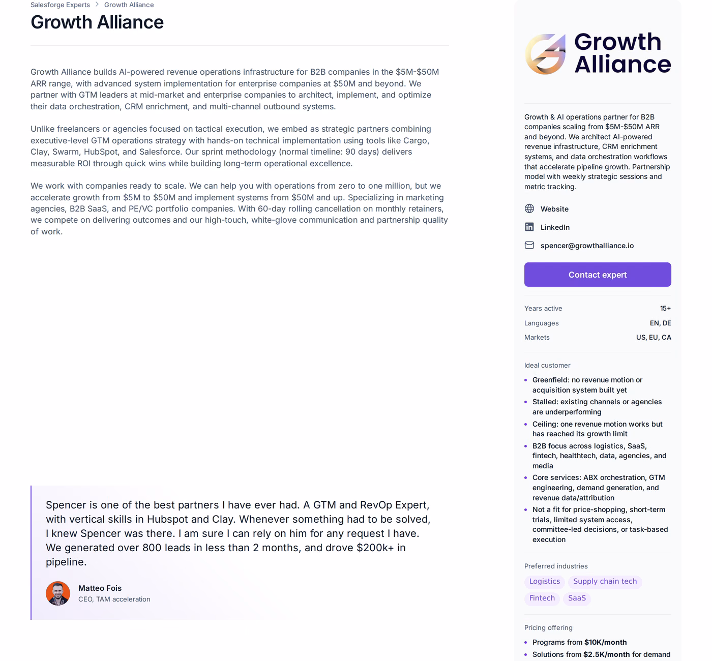 Growth Alliance profile page in the Forge Expert directory showing programs from $10K per month, 60-day rolling cancellation and systems built to become the client's own