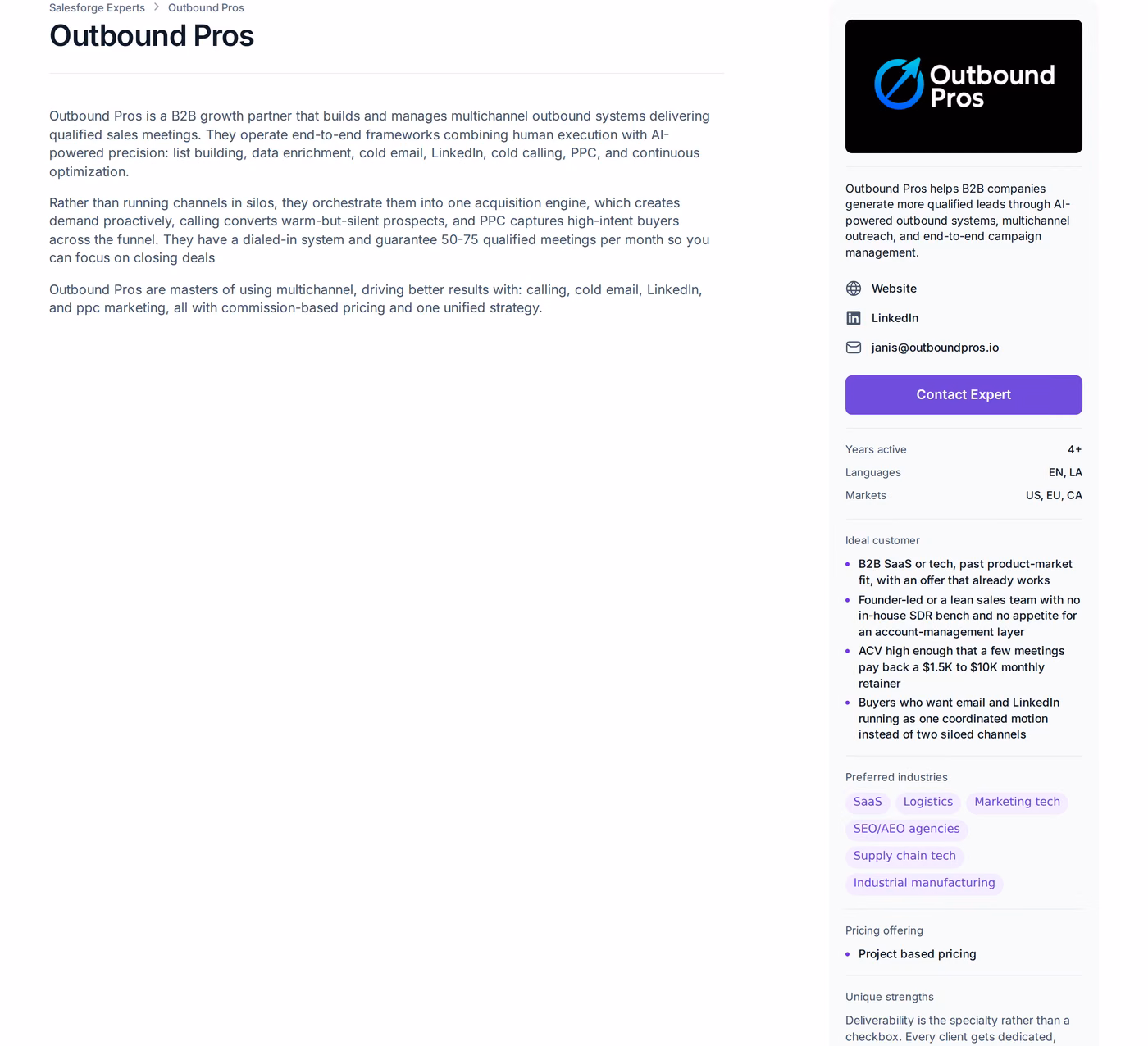 Outbound Pros profile page in the Forge Expert directory showing a guarantee of 50 to 75 qualified meetings per month and a $1.5K to $10K retainer range