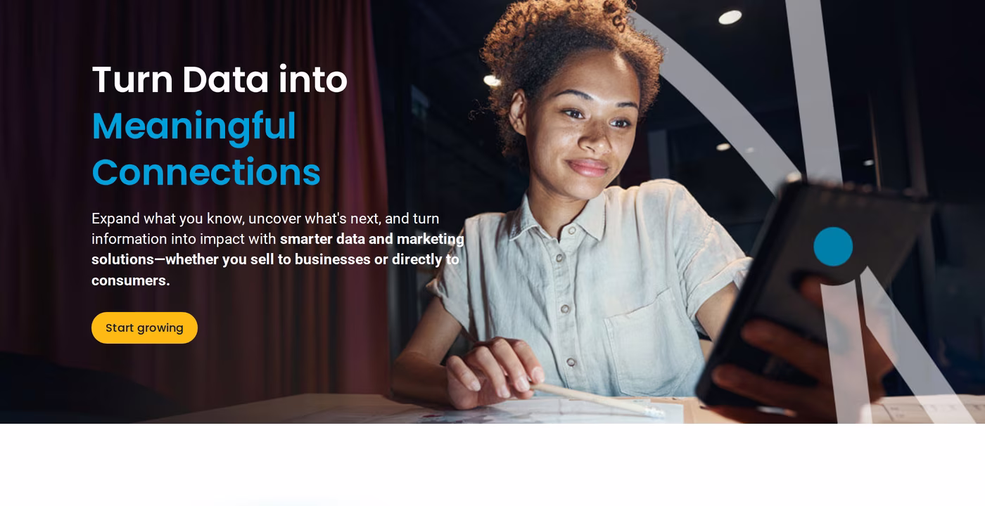 Data Axle homepage hero reading Turn Data into Meaningful Connections, with smarter data and marketing solutions for businesses selling to businesses or consumers