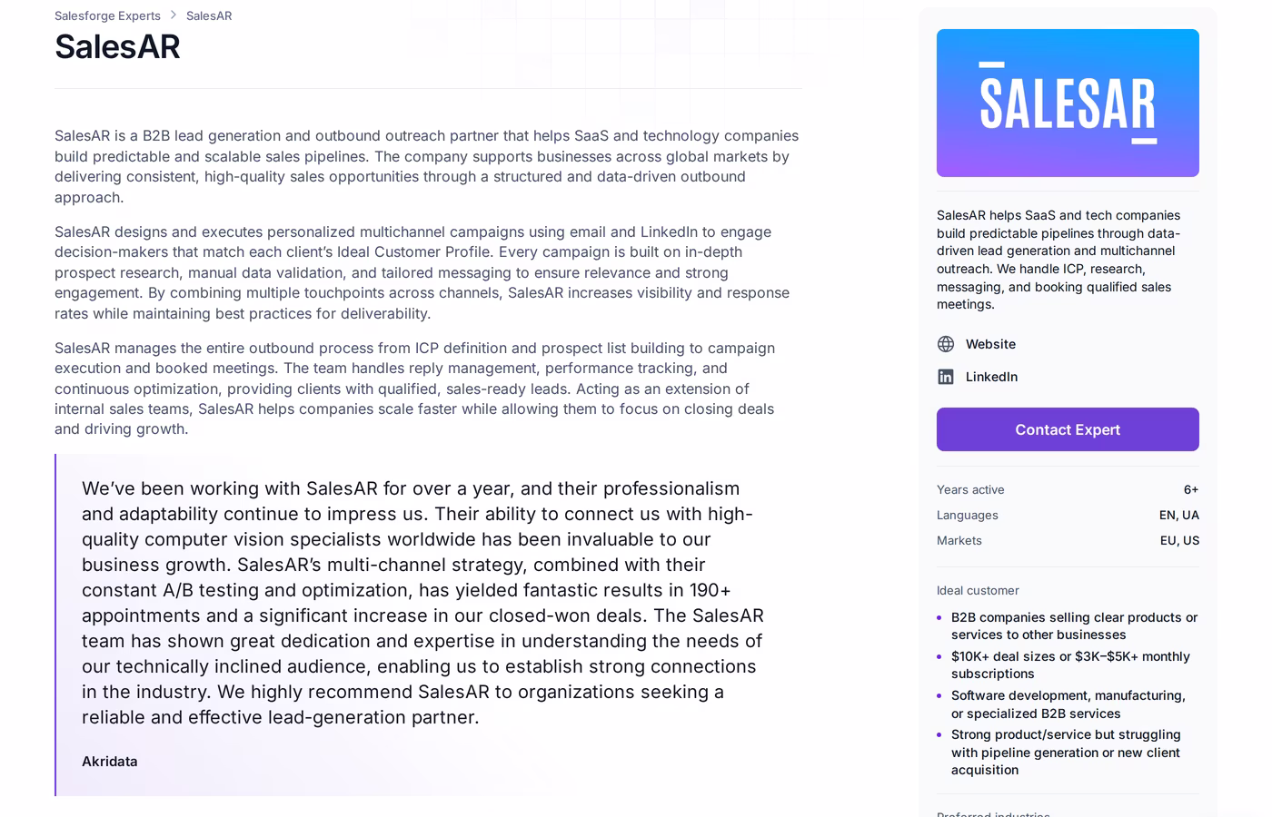 SalesAR profile page on the Salesforge Forge Expert directory showing its B2B outbound description, a named client testimonial, years active, languages, markets and ideal customer criteria