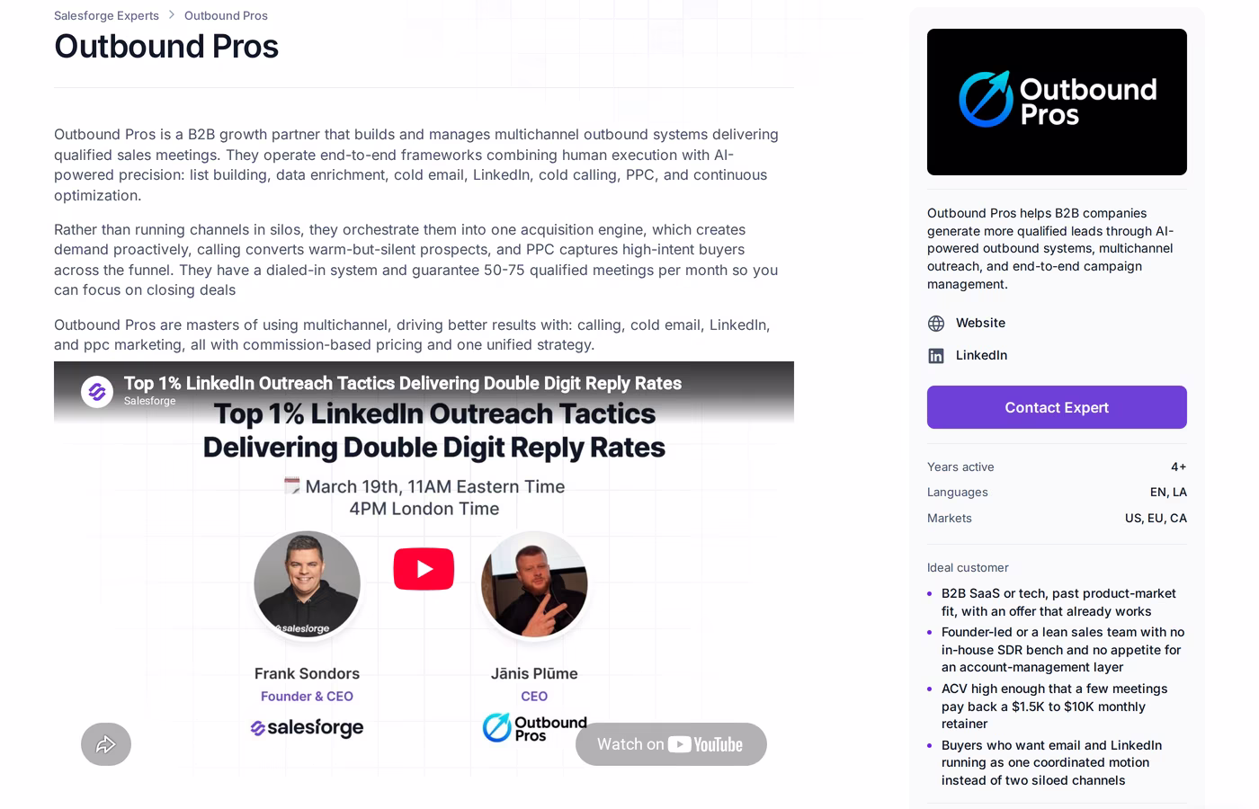 Outbound Pros profile page on the Salesforge Forge Expert directory showing services, years active, languages, markets, and ideal customer criteria