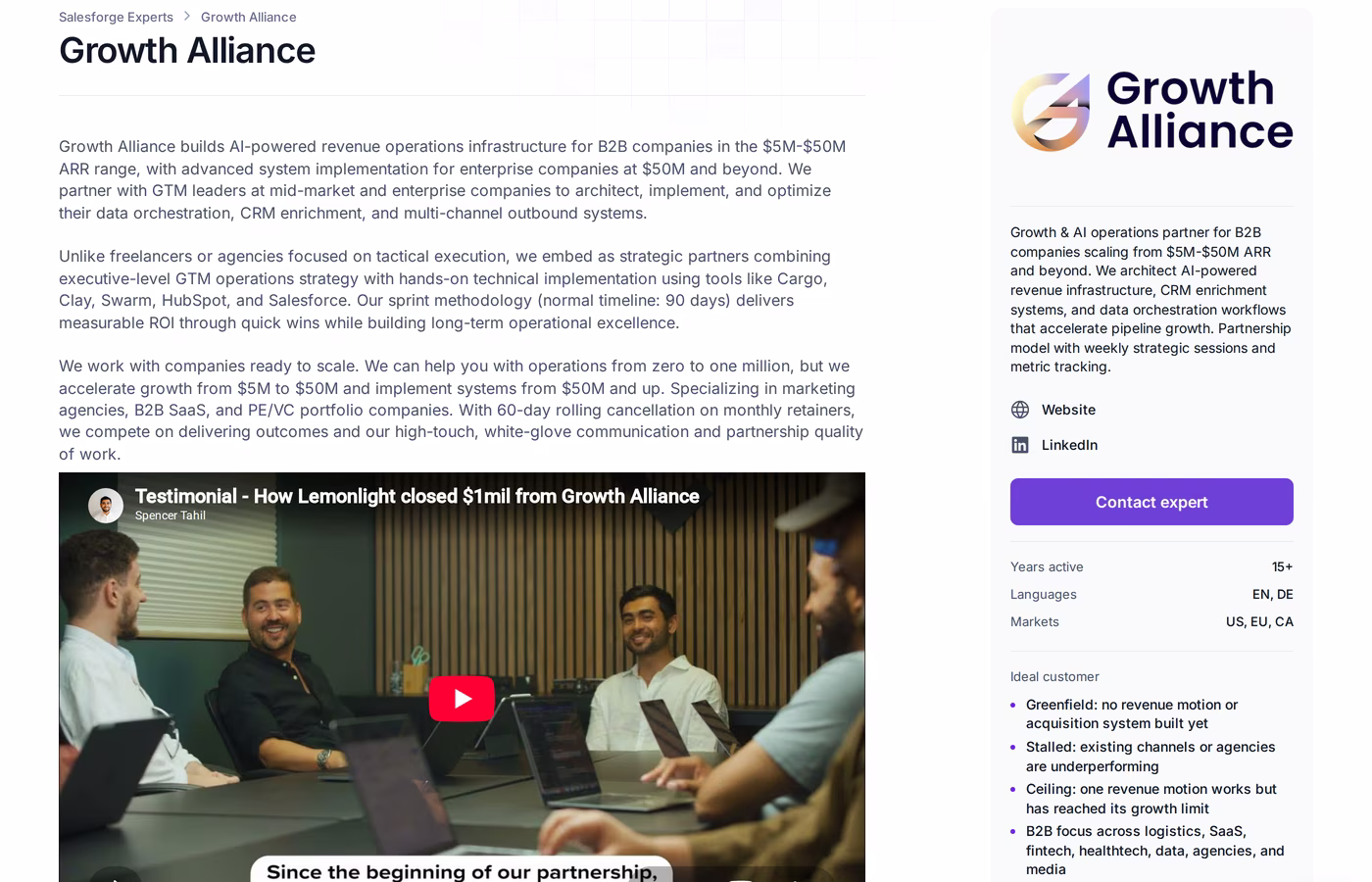Growth Alliance profile page on the Salesforge Forge Expert directory showing its revenue operations description, a client testimonial video, years active, languages, markets and ideal customer criteria