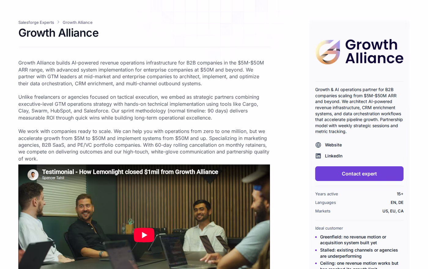 Growth Alliance profile page on the Salesforge Forge Expert directory, showing their revenue operations description, the 60-day rolling cancellation terms, a client video testimonial, and a sidebar listing 15+ years active and US, EU and CA markets