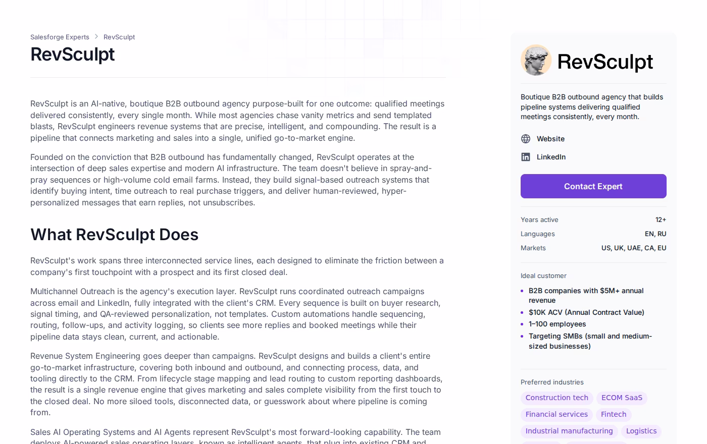RevSculpt profile page on the Salesforge Forge Expert directory, showing their signal-based outbound description and three service lines, with a sidebar listing 12+ years active, EN and RU languages, and US, UK, UAE, CA and EU markets