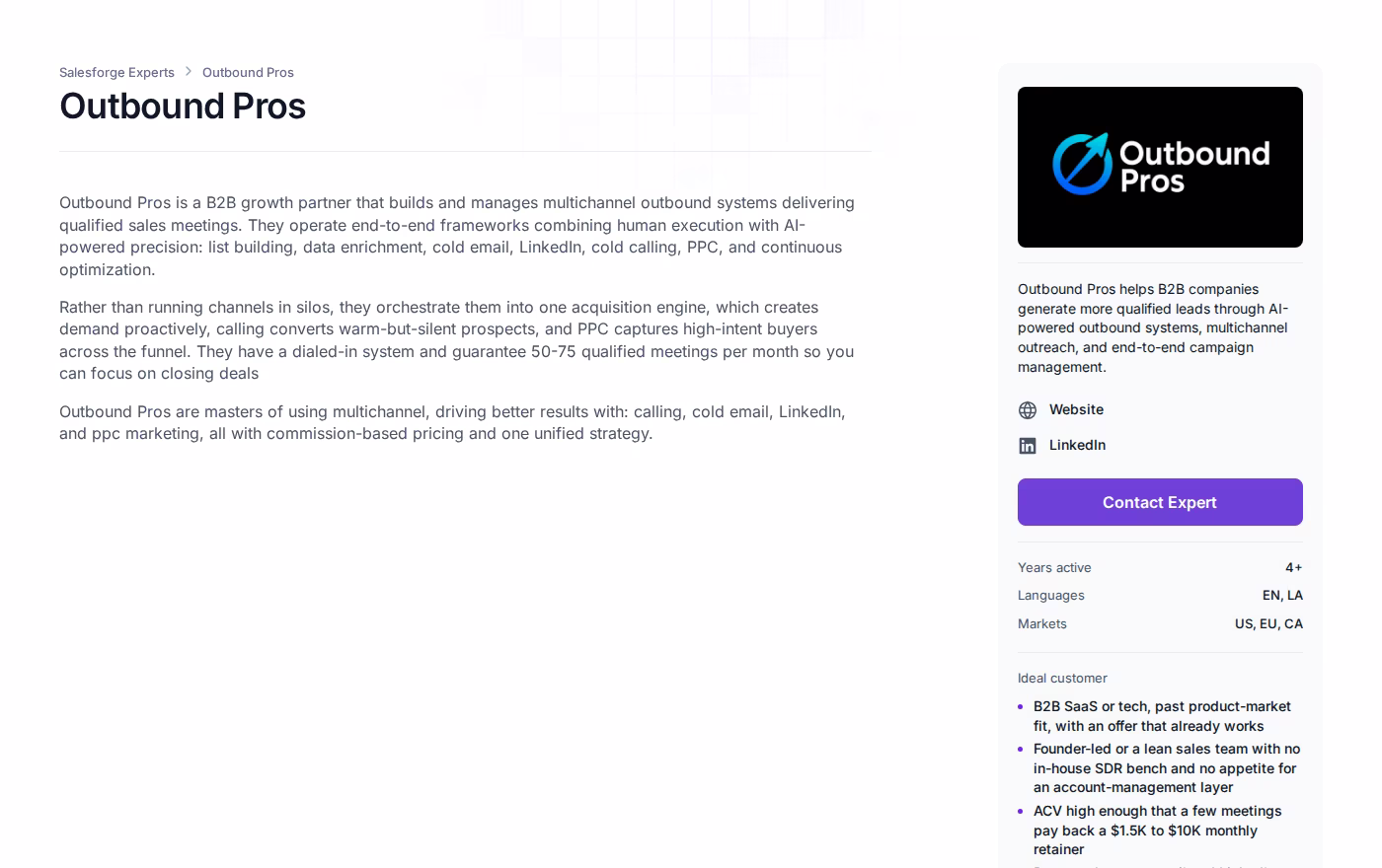 Outbound Pros profile page on the Salesforge Forge Expert directory, showing their multichannel outbound description, the 50 to 75 qualified meetings guarantee, and a sidebar listing 4+ years active, EN and LA languages, and US, EU and CA markets