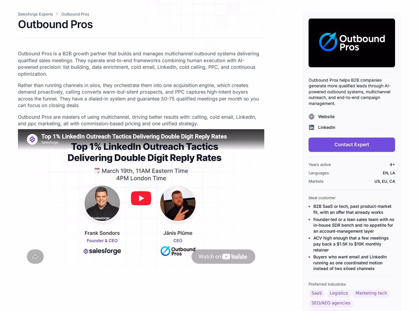 Outbound Pros Forge Expert profile page showing services, markets, and ideal customer criteria