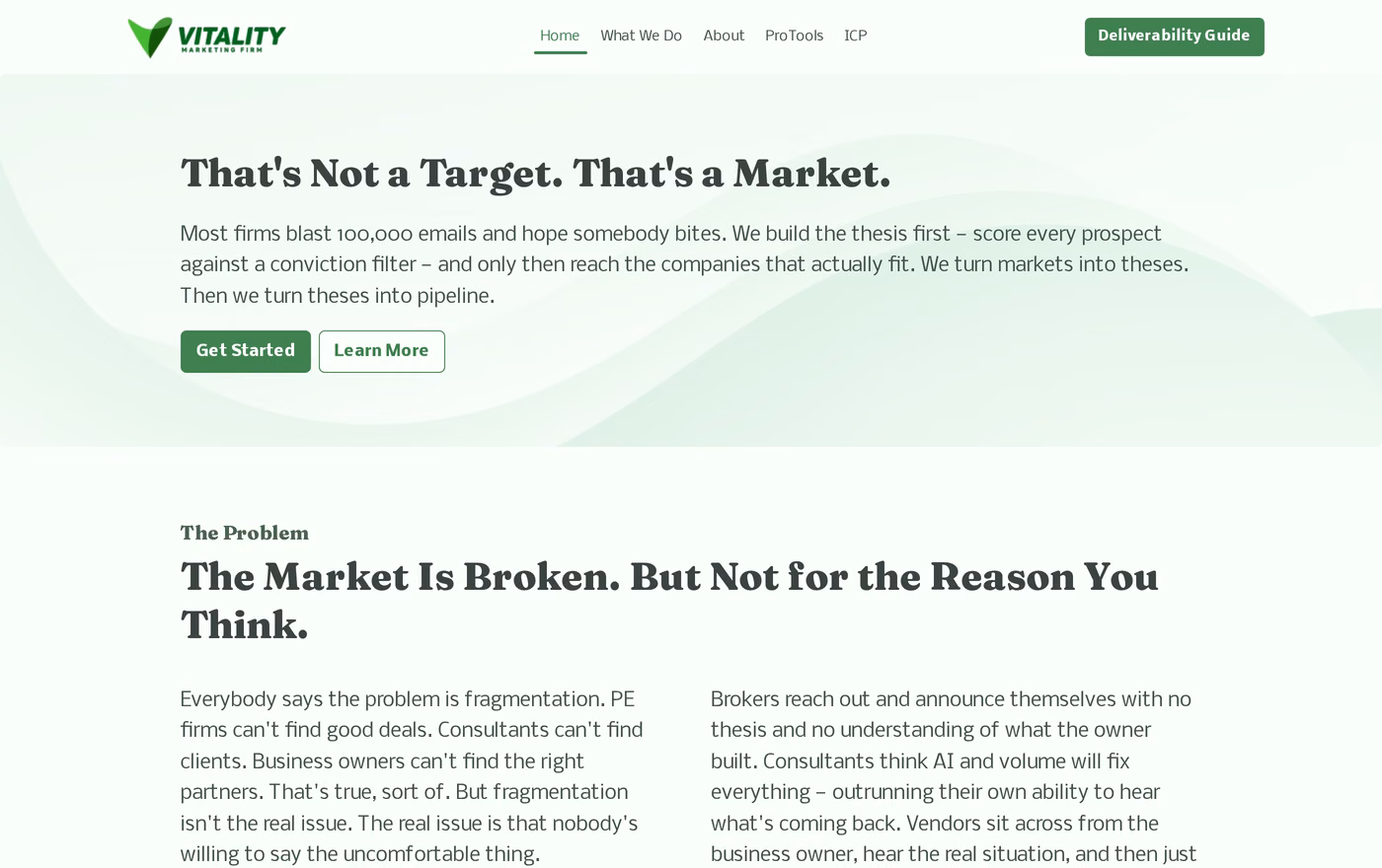 Vitality Marketing Firm homepage headline reading That's Not a Target. That's a Market.