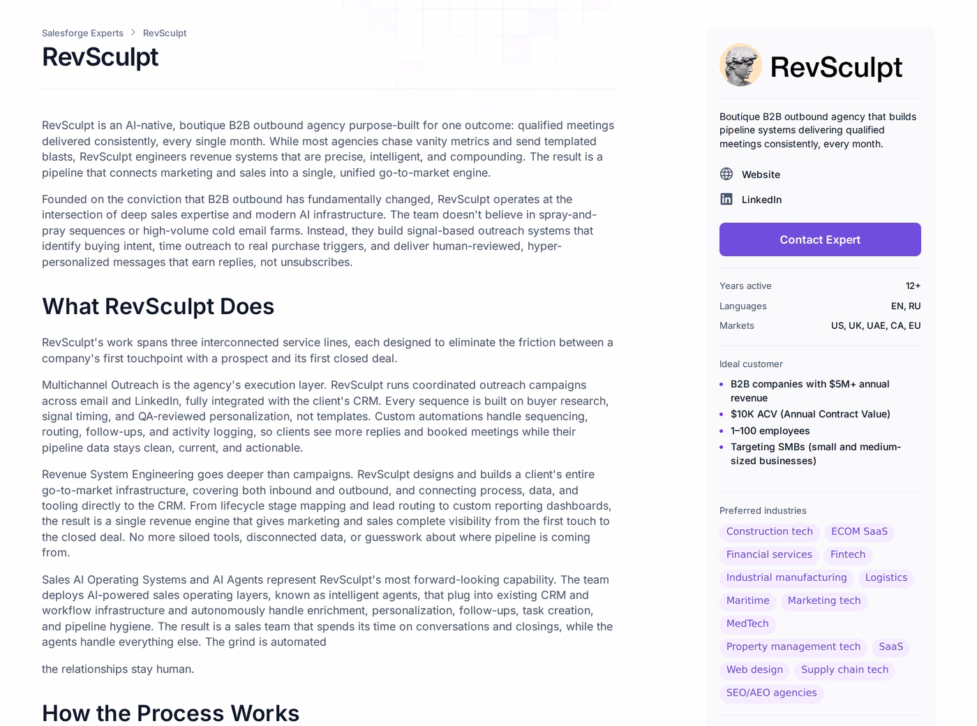 RevSculpt Forge Expert profile page showing signal-based outbound services and reported results