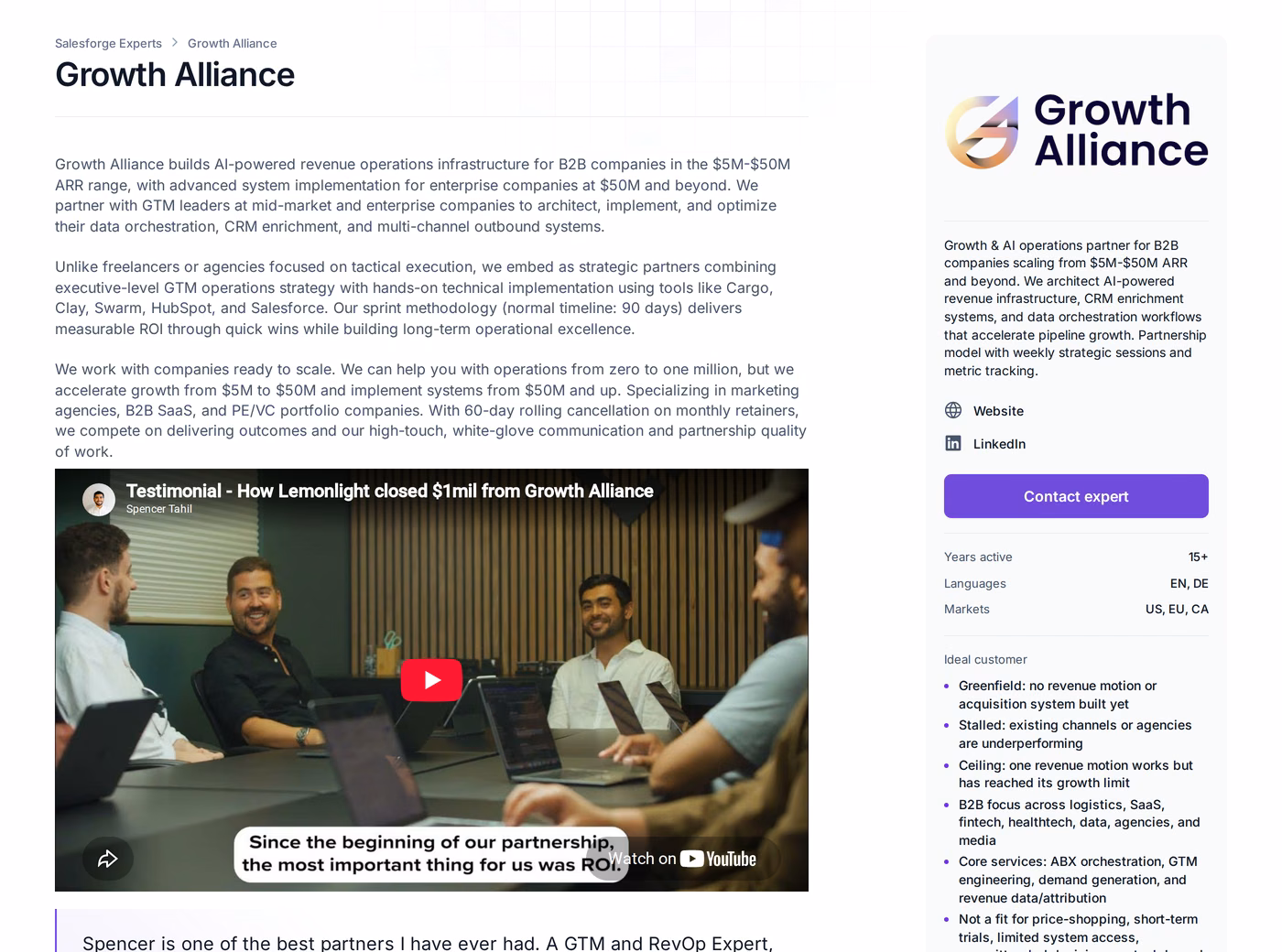Growth Alliance Forge Expert profile page showing revenue operations services and capacity limits