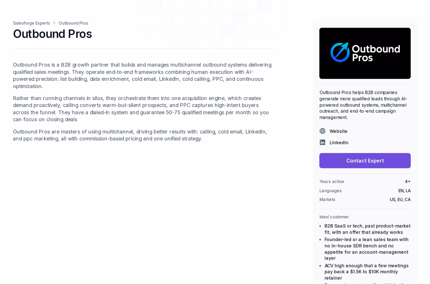 Outbound Pros profile page in the Forge Expert directory showing its 50 to 75 qualified meetings guarantee, commission-based pricing, 4+ years active and US, EU, CA market coverage.