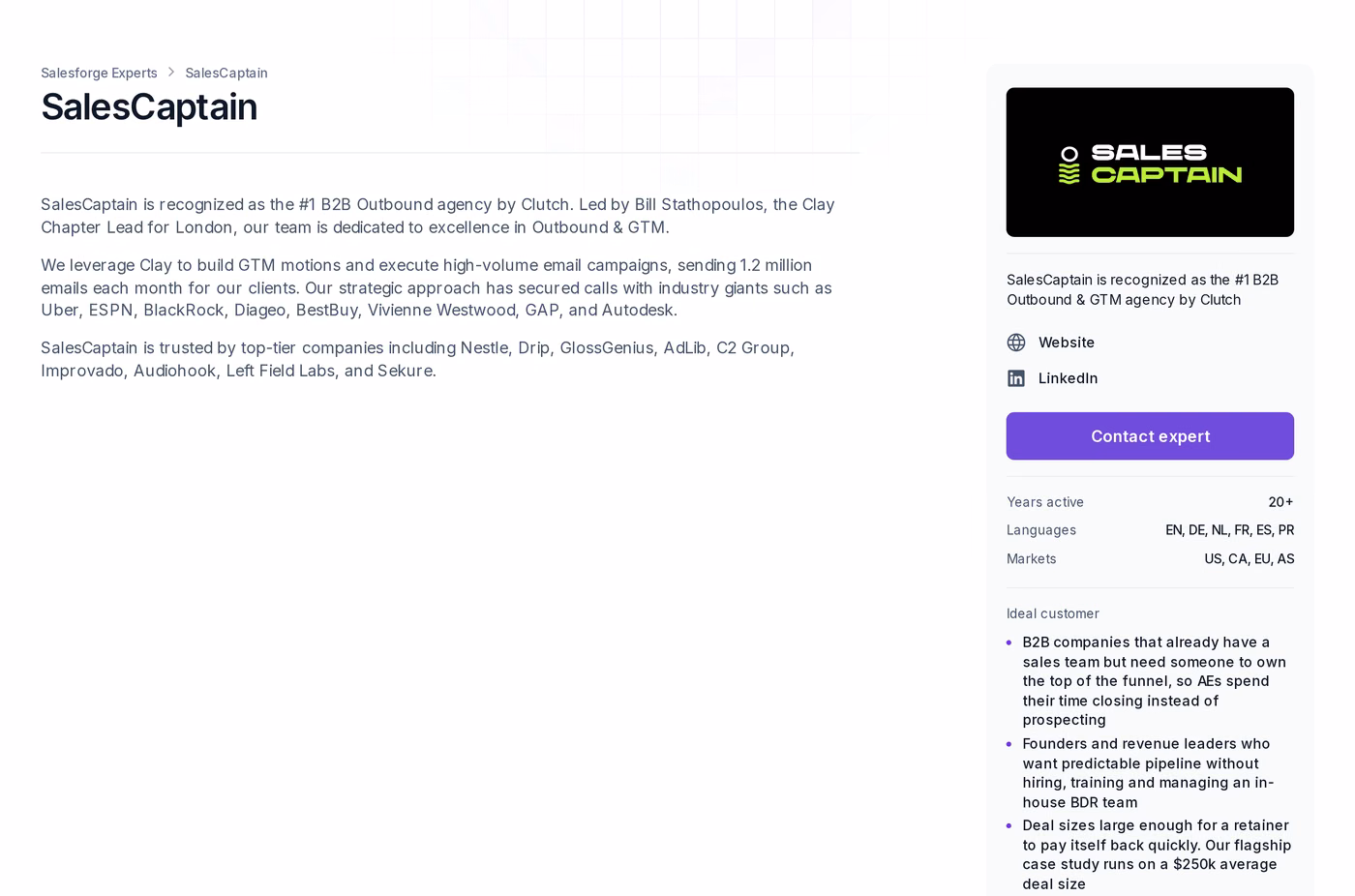 SalesCaptain profile page in the Forge Expert directory showing its Clutch recognition claim, named clients, 20+ years active, six languages and coverage across US, CA, EU and AS markets.