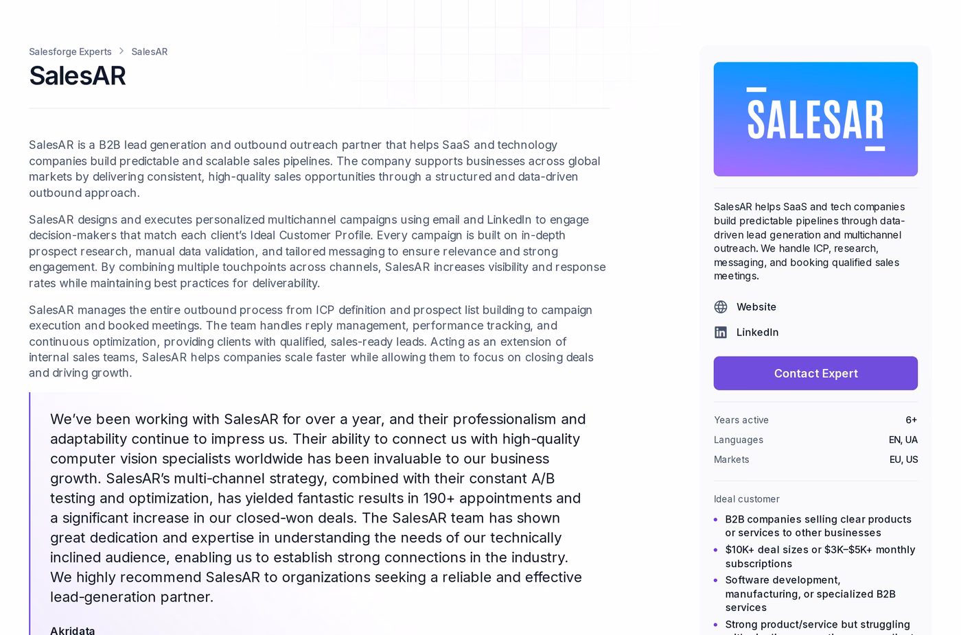 SalesAR profile page in the Forge Expert directory showing pricing from $2,500 per month, 6+ years active, EU and US markets, and a client testimonial reporting 190+ appointments.