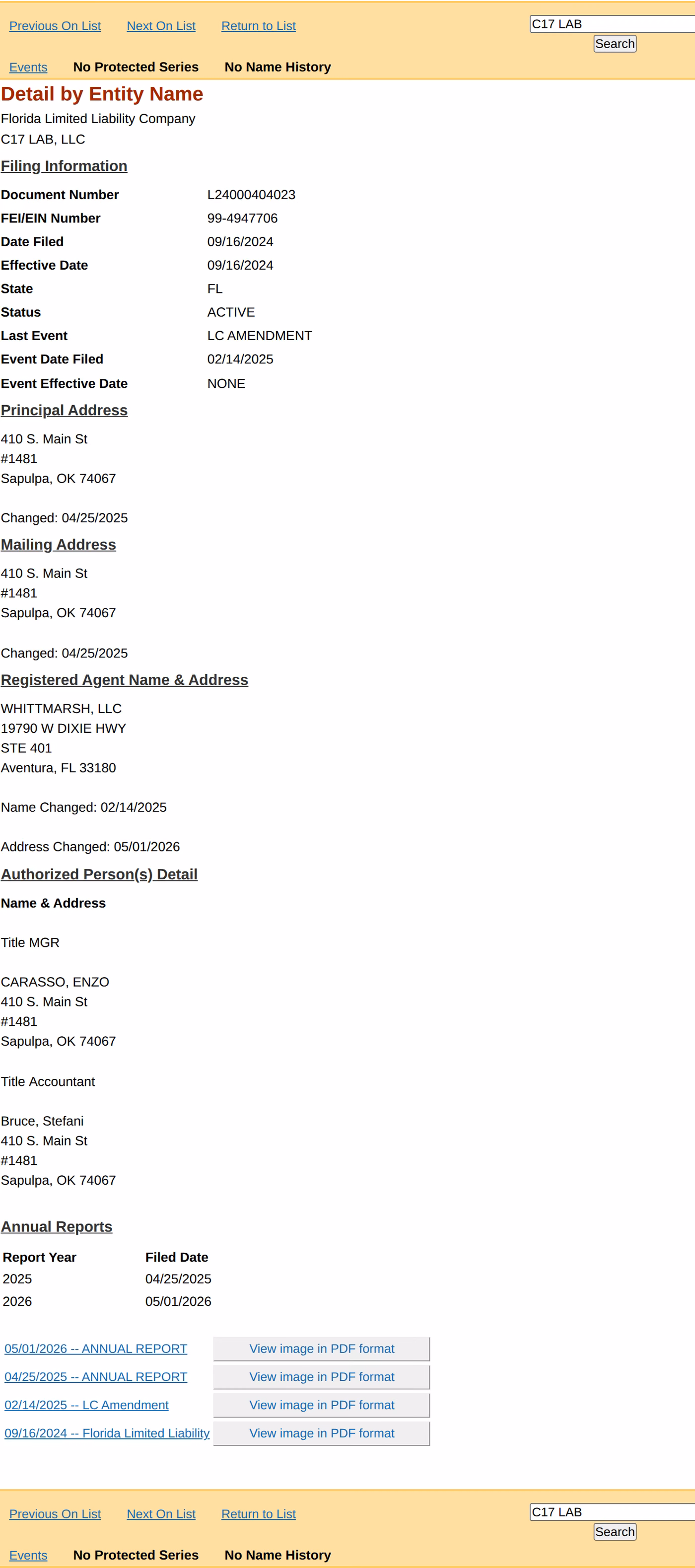 Florida Division of Corporations record for C17 LAB, LLC showing document number L24000404023, filed 09/16/2024, active status, and annual reports filed in 2025 and 2026.