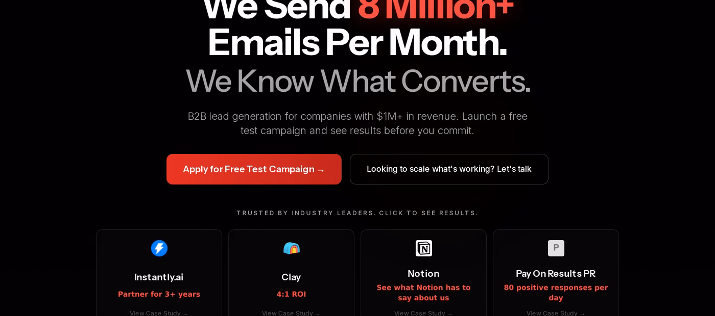 Growth Engine X homepage hero on coldoutbound.com claiming 8 million emails per month with a free test campaign offer