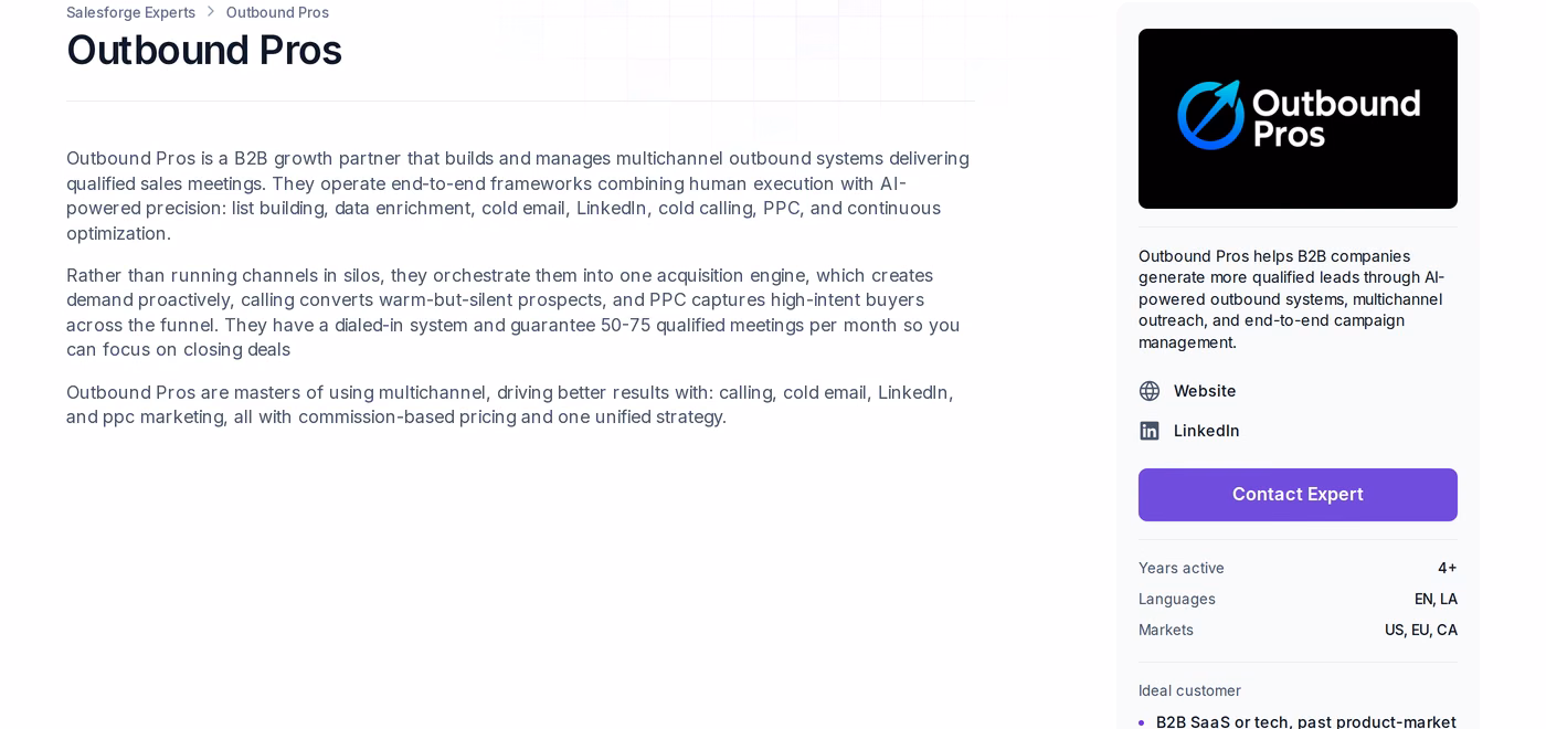 Outbound Pros profile page in the Forge Expert directory showing services, languages and markets