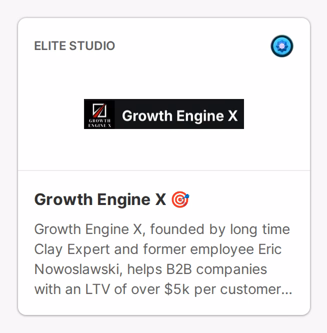 Clay partner directory card listing Growth Engine X at Elite Studio tier