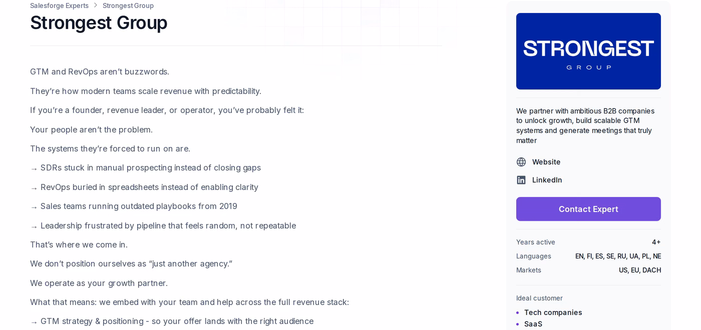 Strongest Group profile page in the Forge Expert directory showing eight languages and US, EU and DACH markets