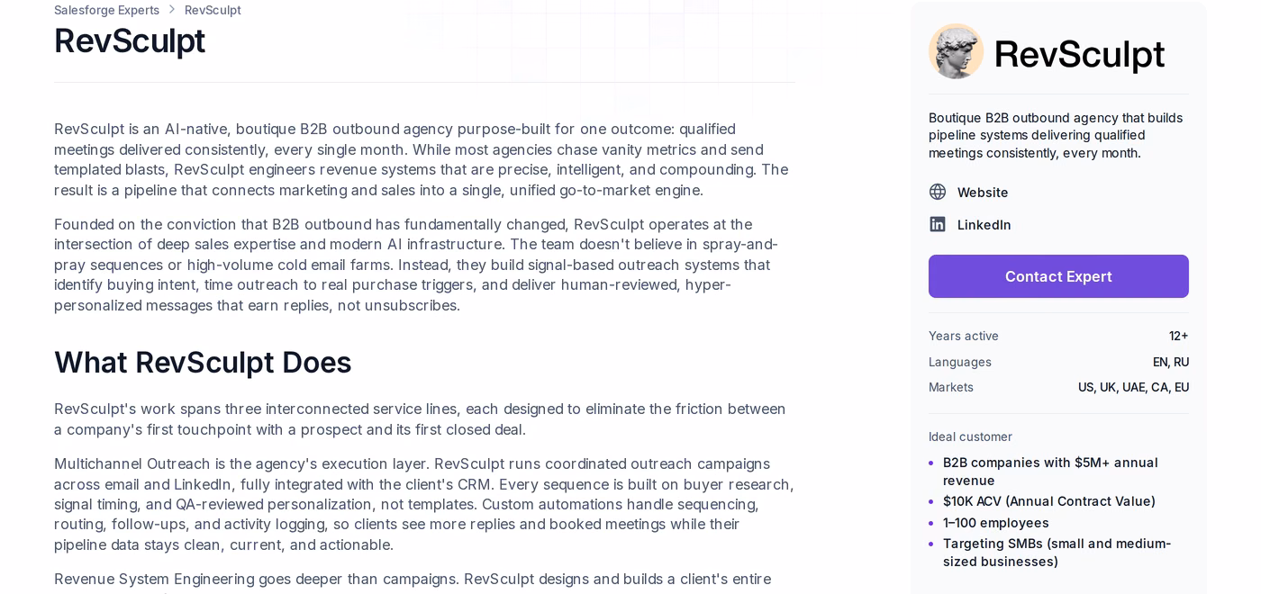 RevSculpt profile page in the Forge Expert directory showing qualified meeting results and market coverage