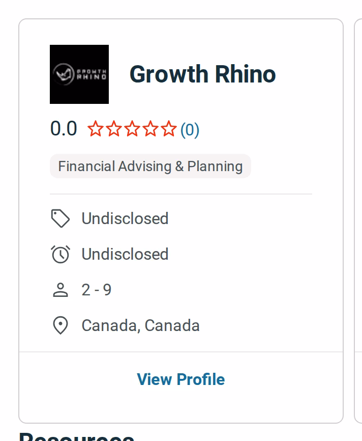Clutch search result for Growth Rhino showing a 0.0 rating with zero reviews, 2 to 9 employees, Canada