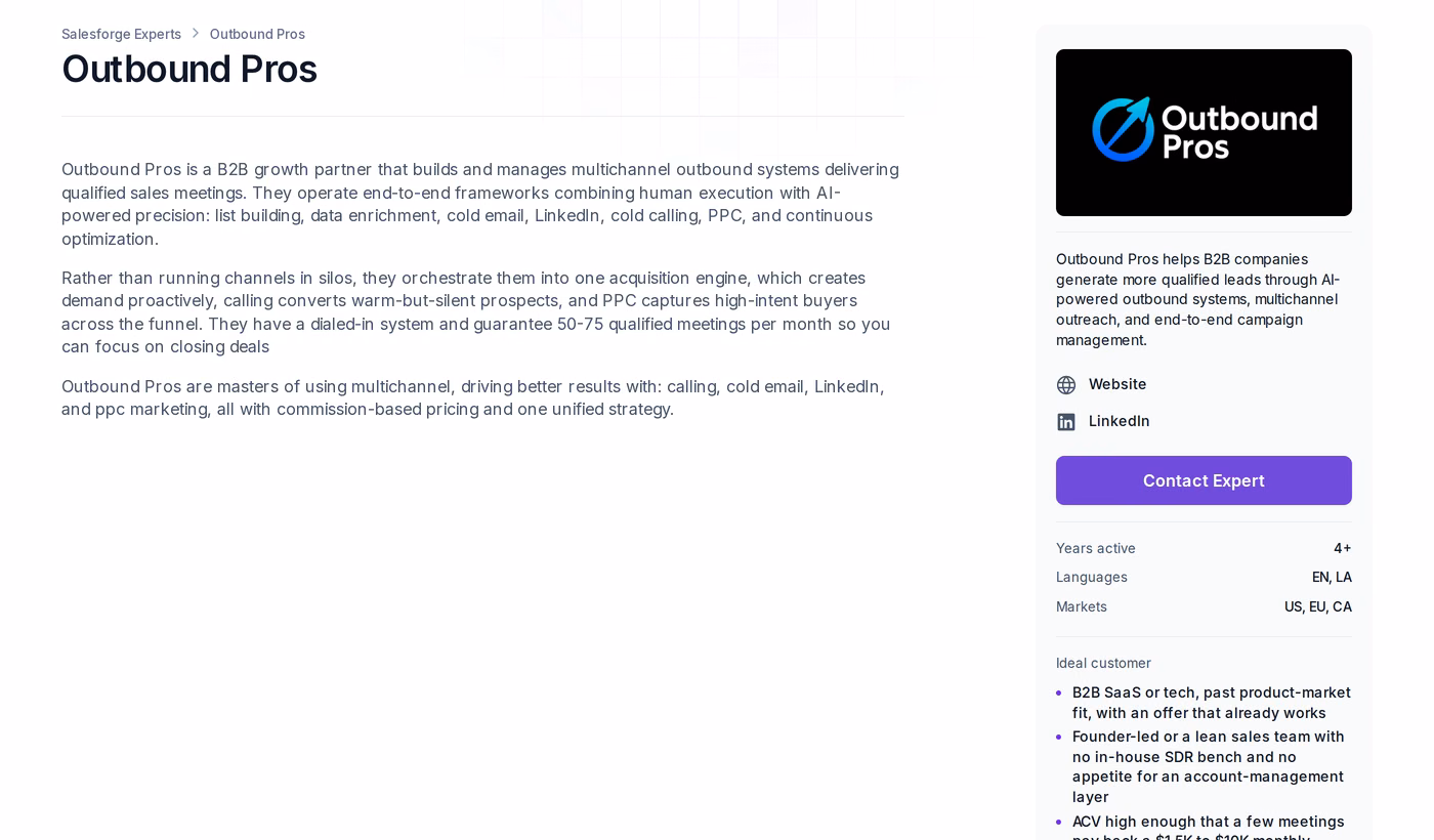 Outbound Pros profile page on the Salesforge Forge Expert directory showing services, guarantee, years active and target markets