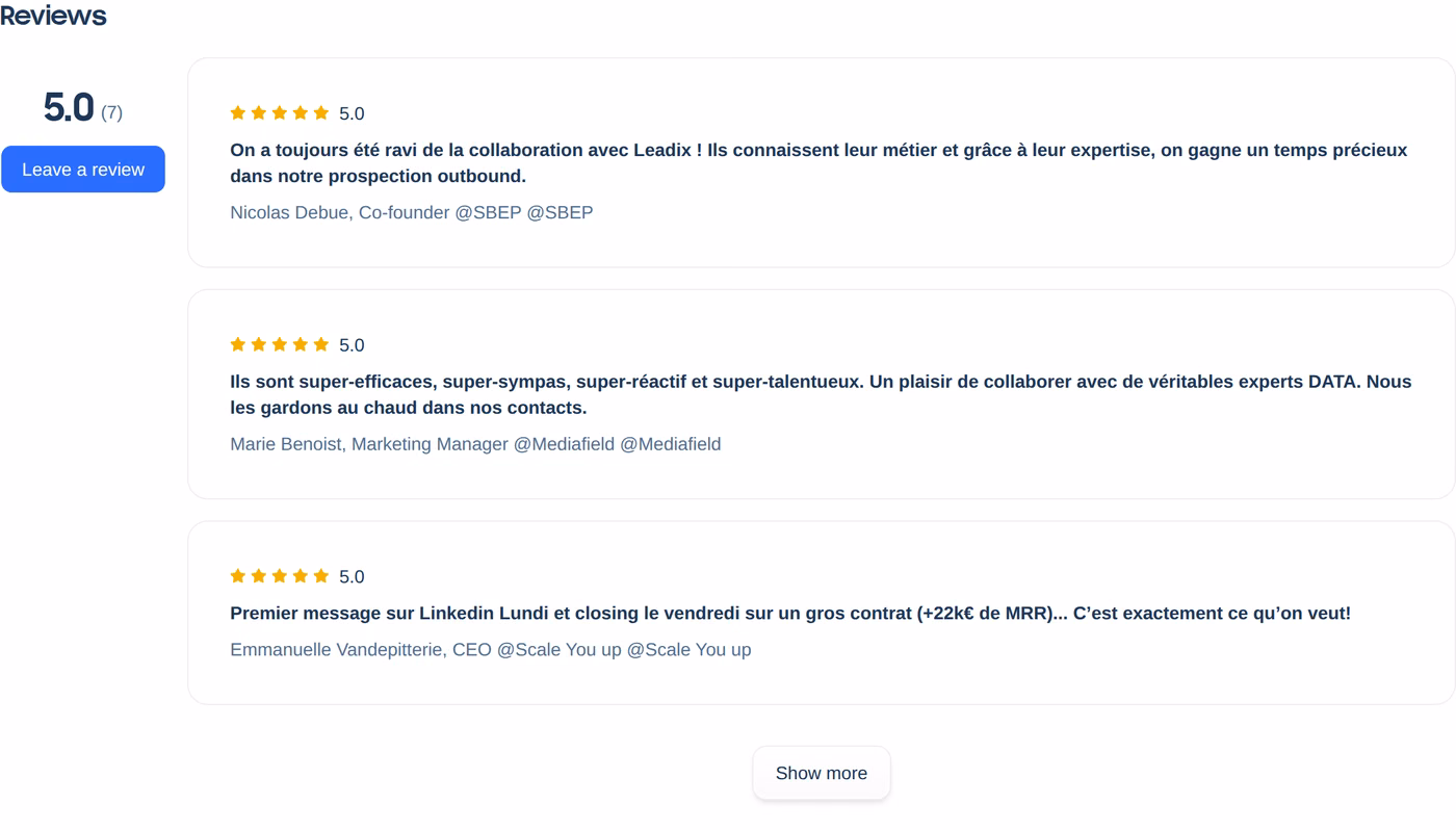 Leadix lemlist partner profile review block showing a 5.0 rating from 7 reviews