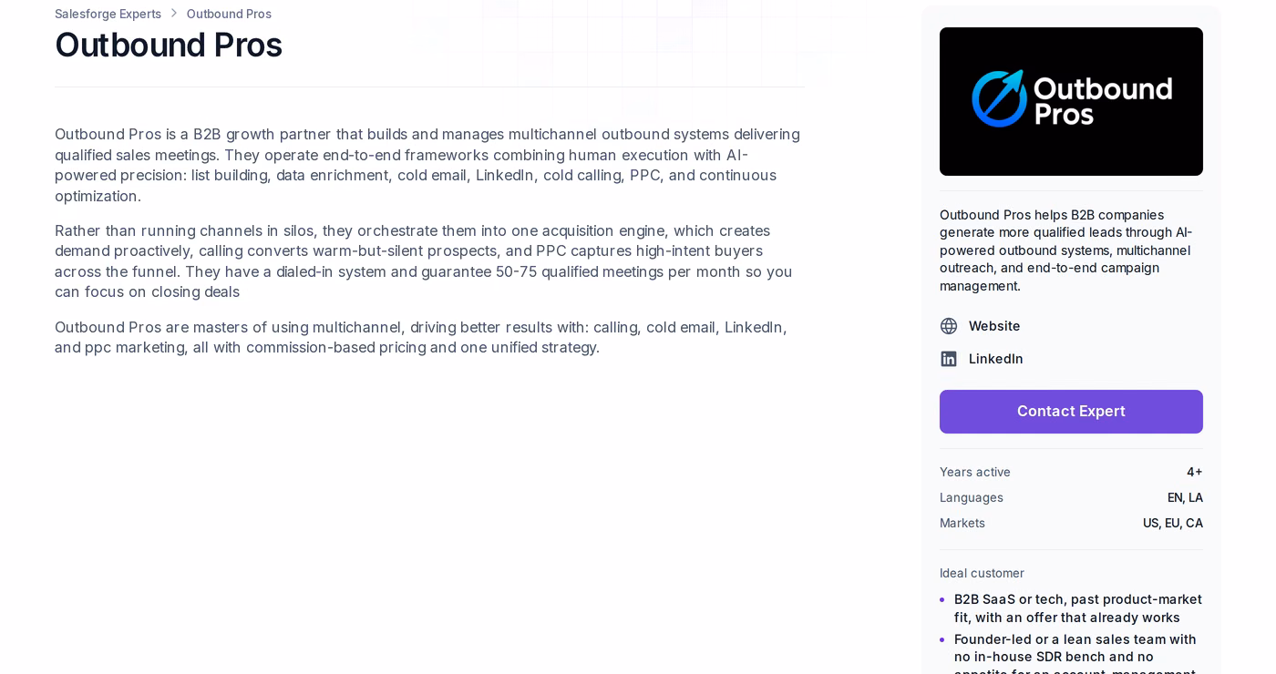 Outbound Pros profile page in the Salesforge Forge Expert Network