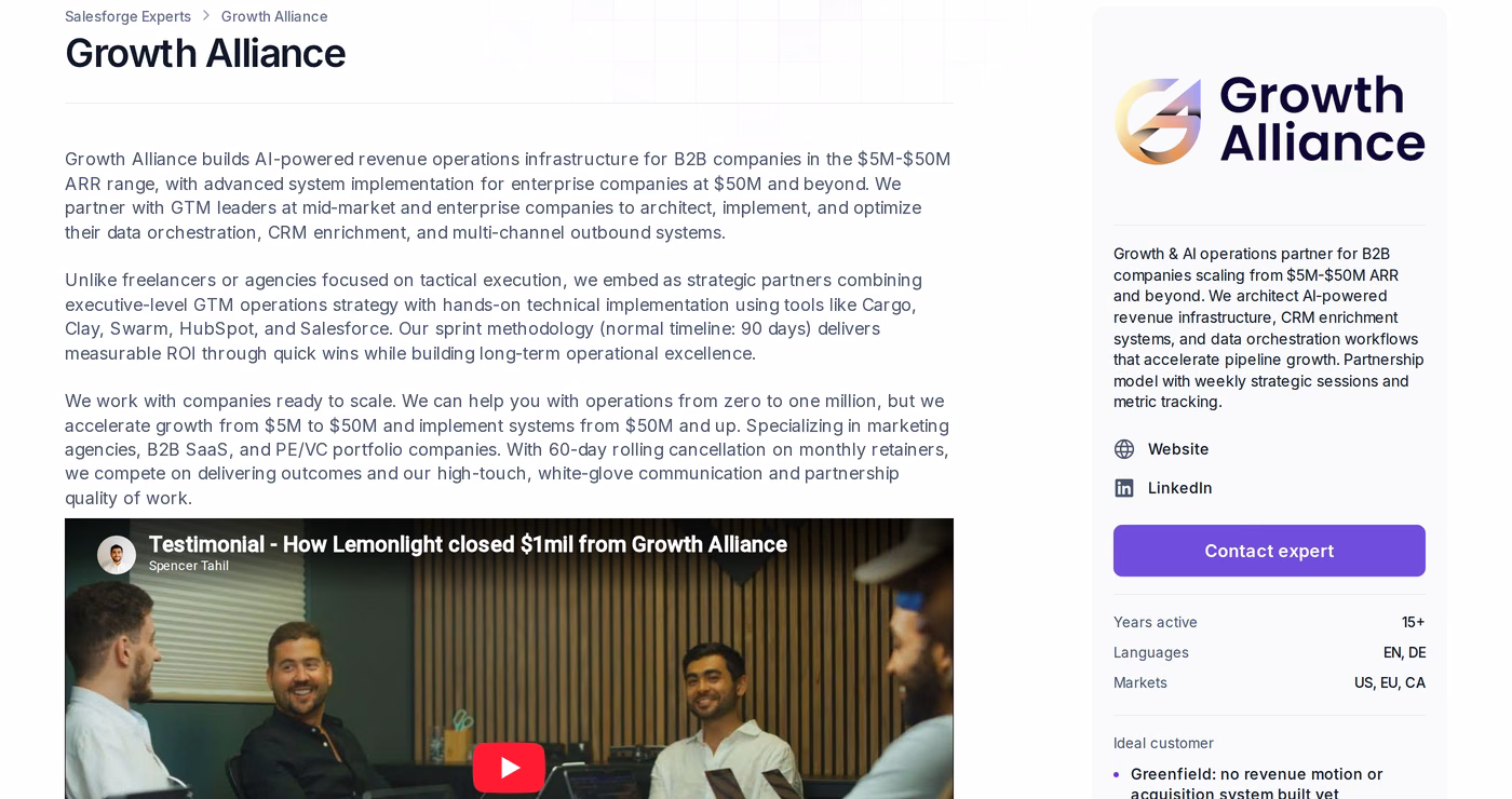 Growth Alliance profile page in the Salesforge Forge Expert Network