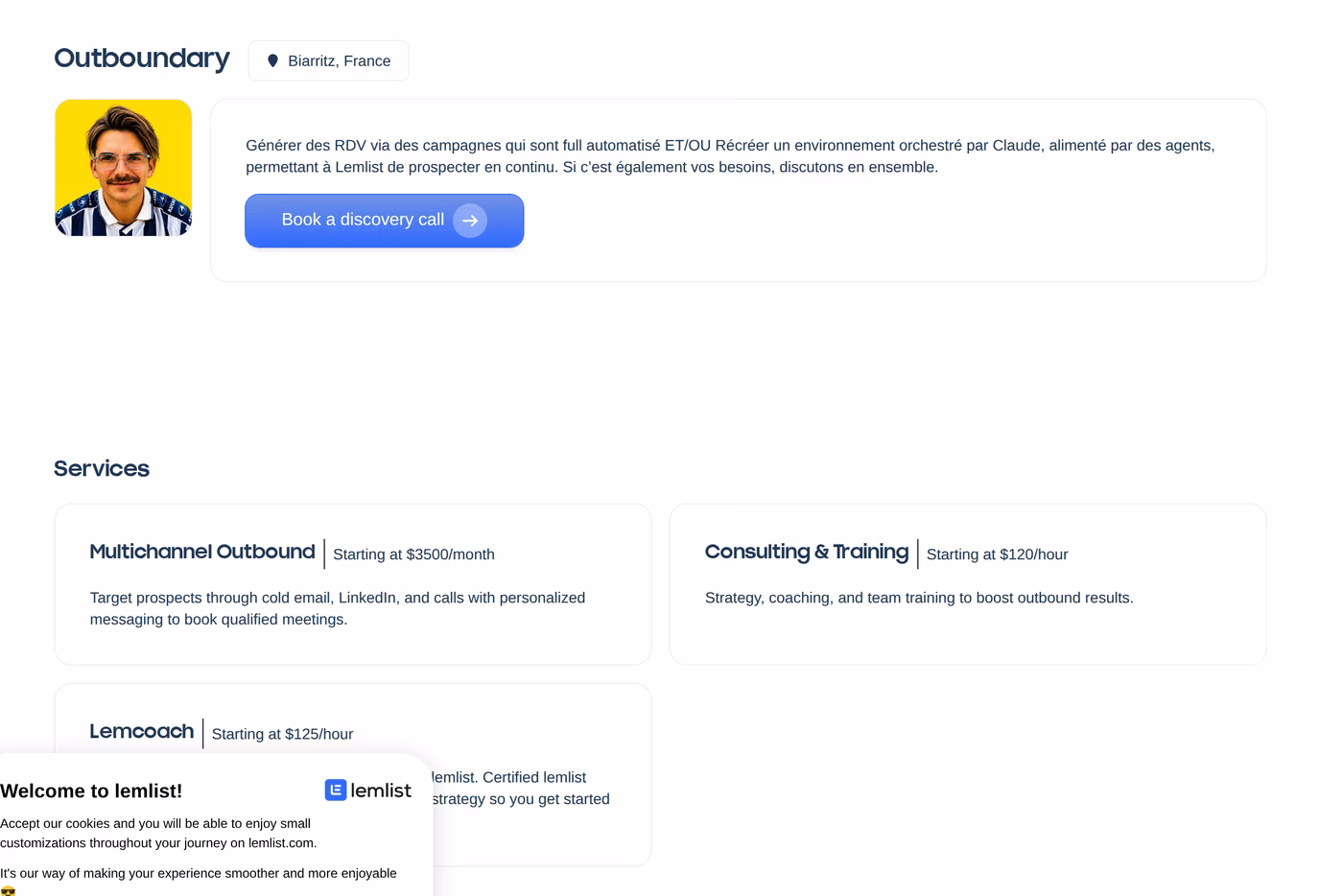 Outboundary certified-expert directory listing showing three services with prices from $3,500 per month and $120 to $125 per hour, September 2026