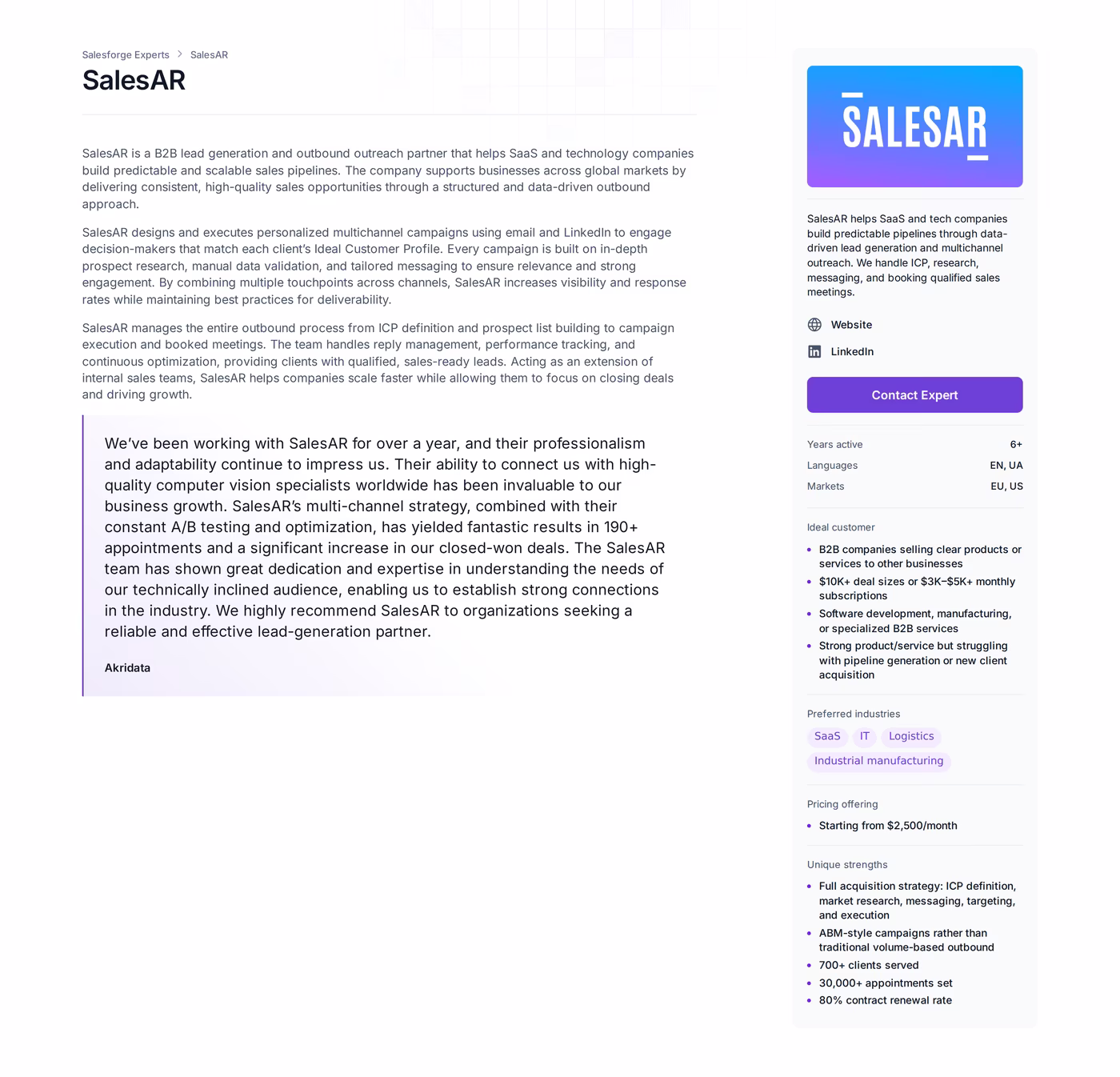 SalesAR Forge Expert profile page showing 700+ clients served, 30,000+ appointments set, an 80% renewal rate and pricing from $2,500 per month