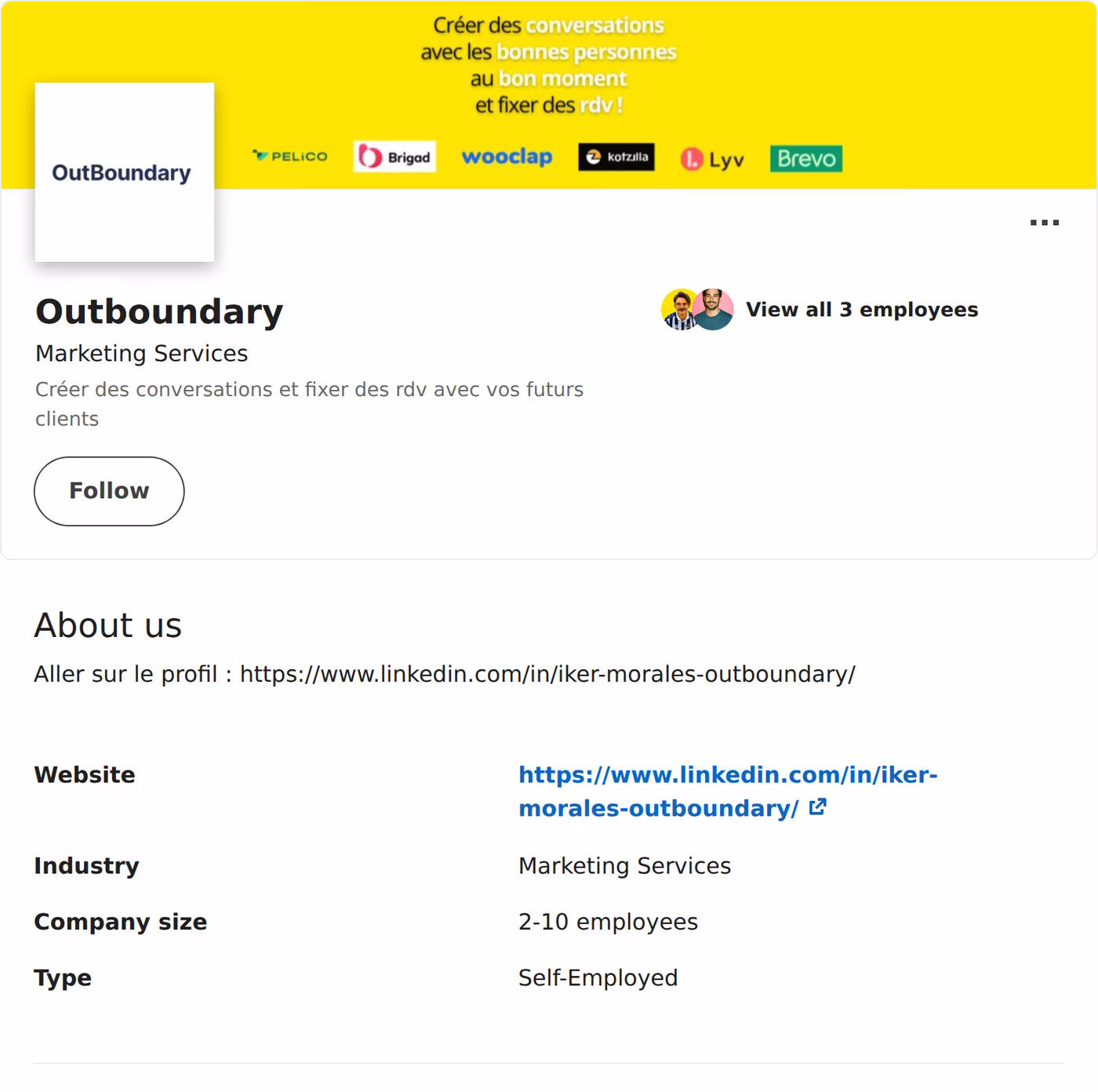 Outboundary LinkedIn company page showing the website field pointing to a personal LinkedIn profile, company size 2-10 and type Self-Employed, September 2026