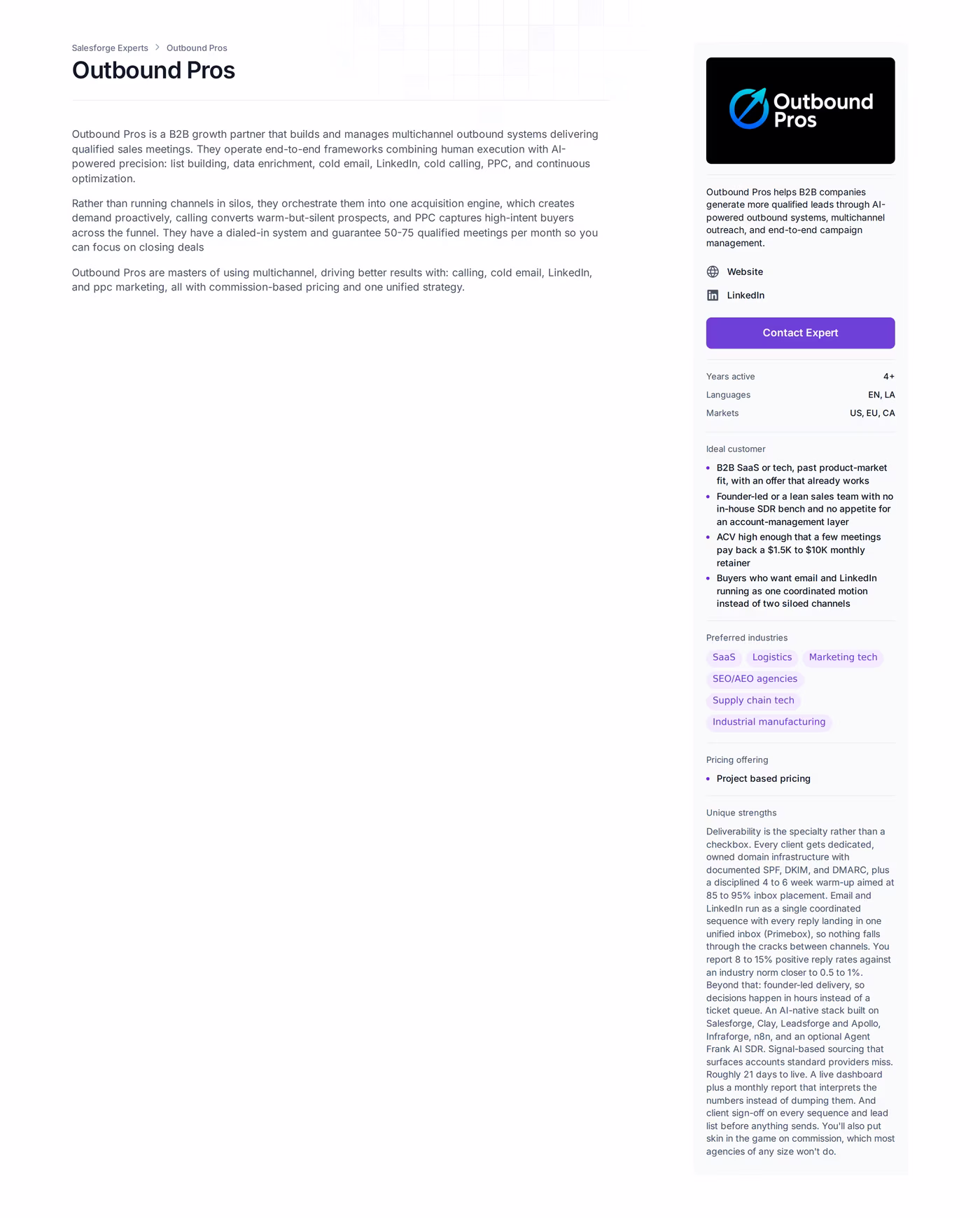 Outbound Pros Forge Expert profile page showing a 50 to 75 qualified meetings guarantee, markets in the US, EU and Canada, and documented deliverability practice