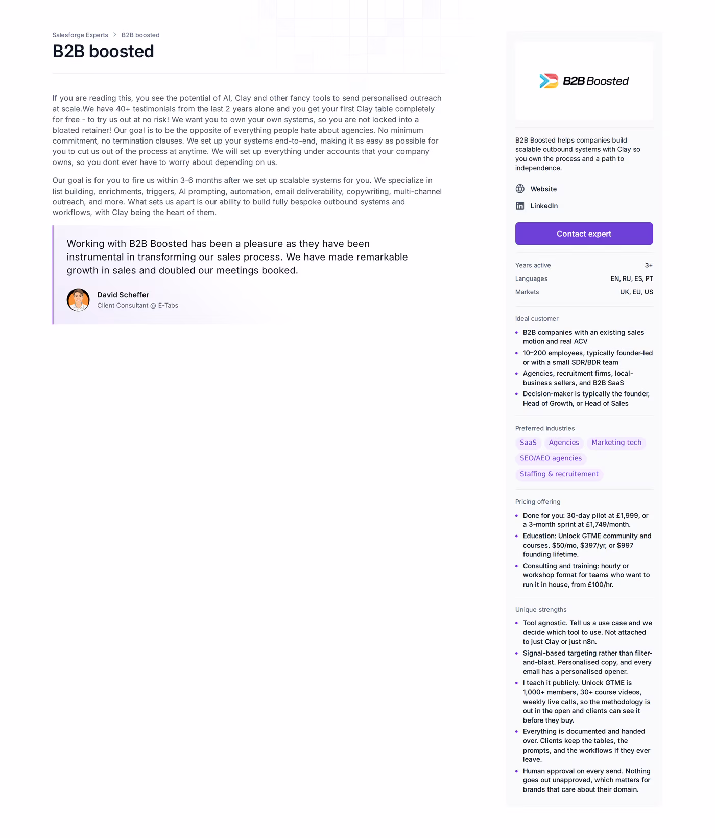 B2B Boosted Forge Expert profile page showing published pilot and sprint pricing, no termination clauses, and client-owned accounts