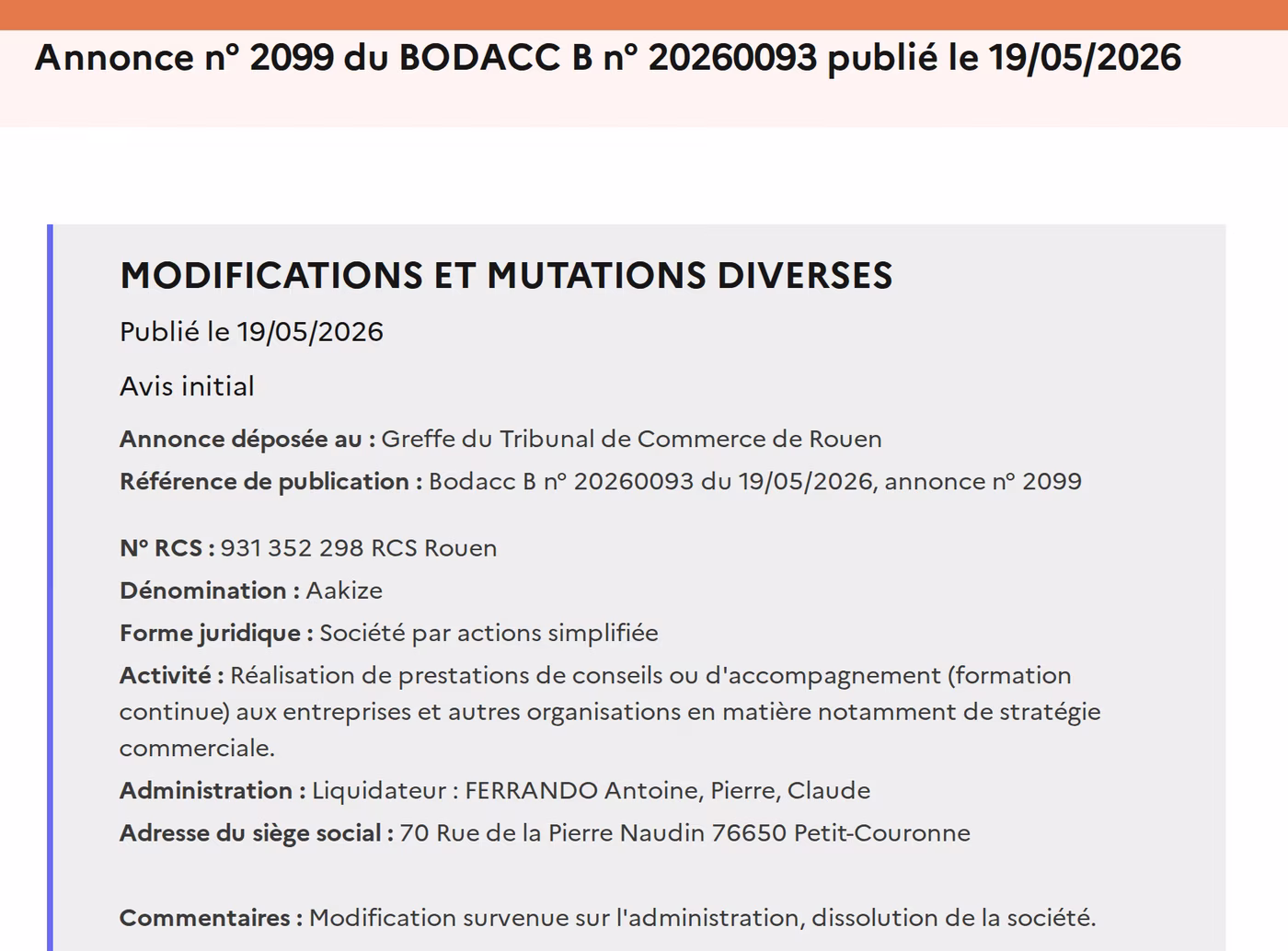 Official BODACC notice 2099 of 19 May 2026 recording the dissolution of Aakize SAS and naming a liquidator
