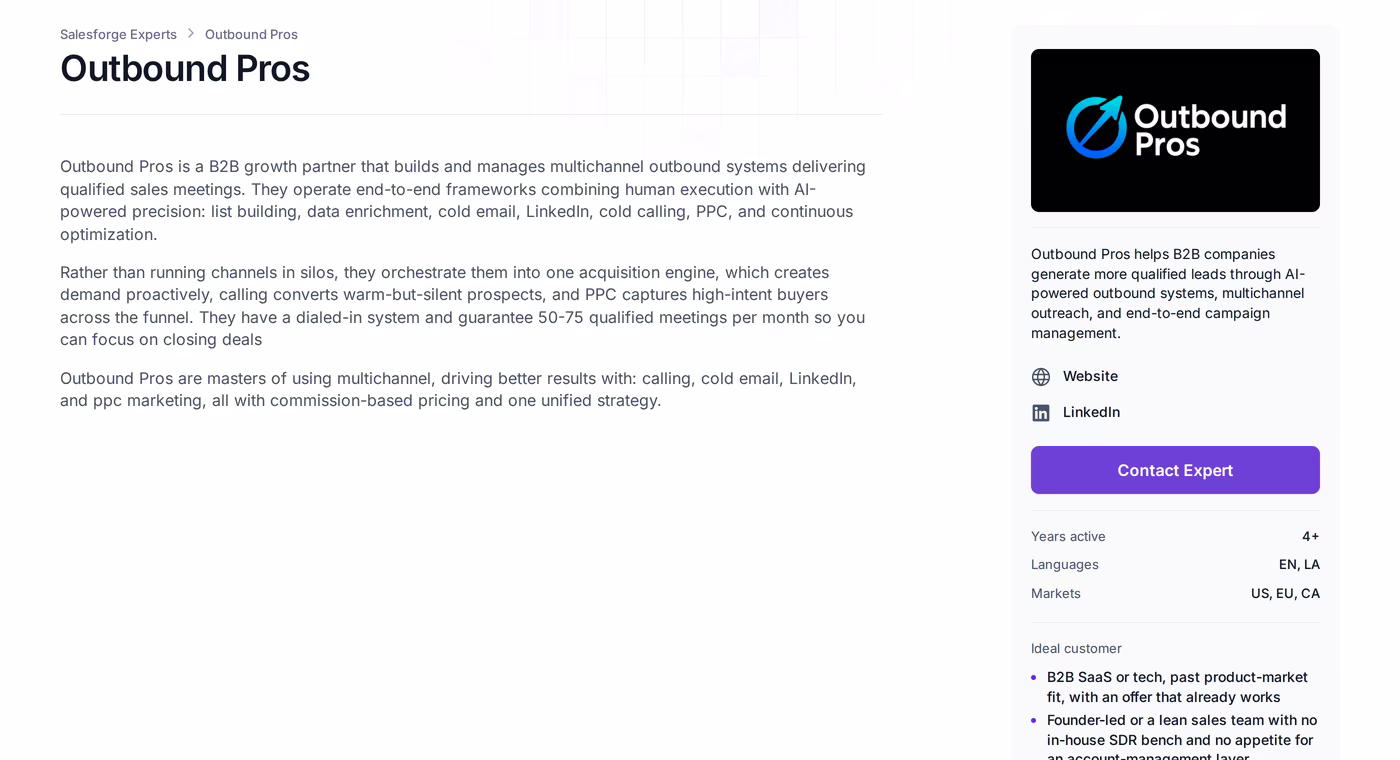 Outbound Pros profile page in the Forge Expert directory showing markets, languages and ideal customer details