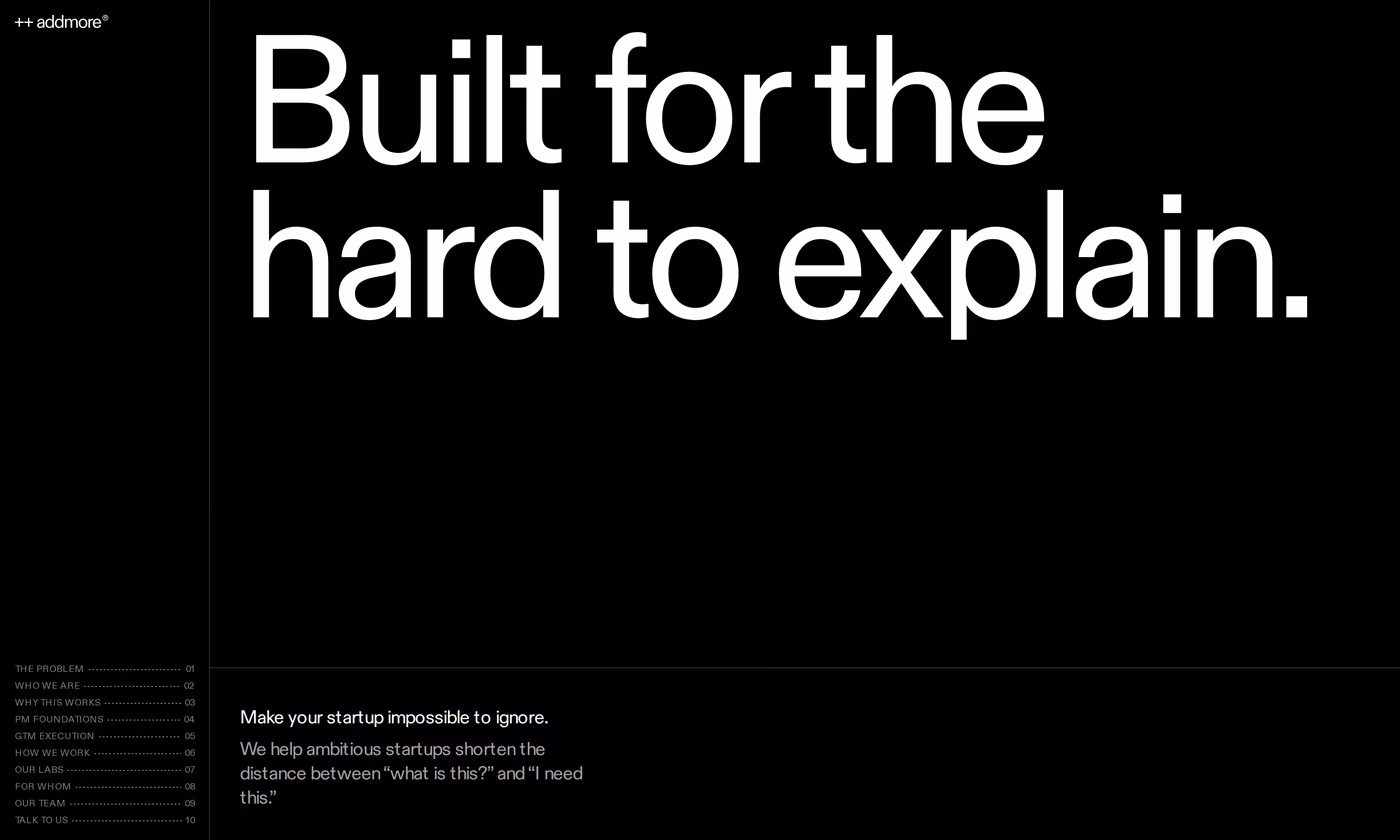 Addmore website hero reading Built for the hard to explain with the line Make your startup impossible to ignore
