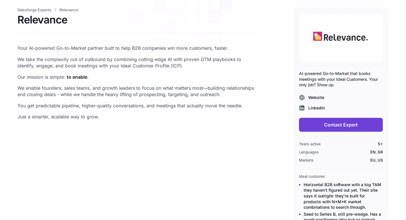 Relevance profile page in the Forge Expert directory showing pricing, markets and ideal customer bullets