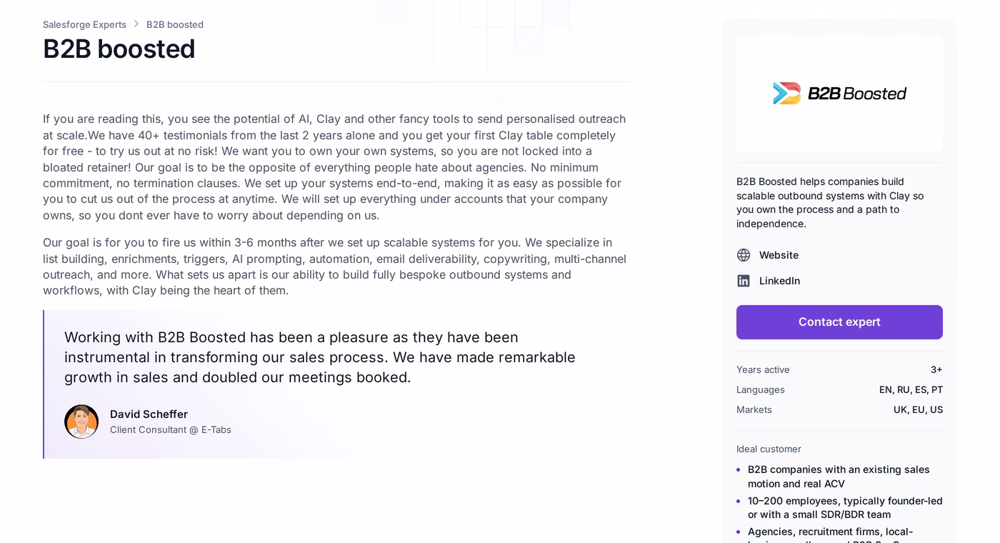 B2B Boosted profile page in the Forge Expert directory showing pricing tiers and unique strengths