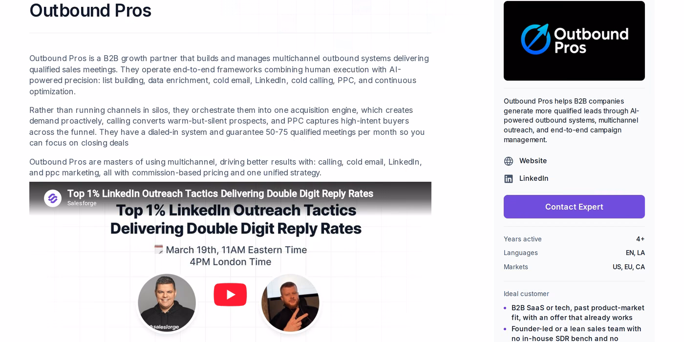 Outbound Pros profile page on the Salesforge Forge Expert directory showing multichannel services and a stated meetings guarantee
