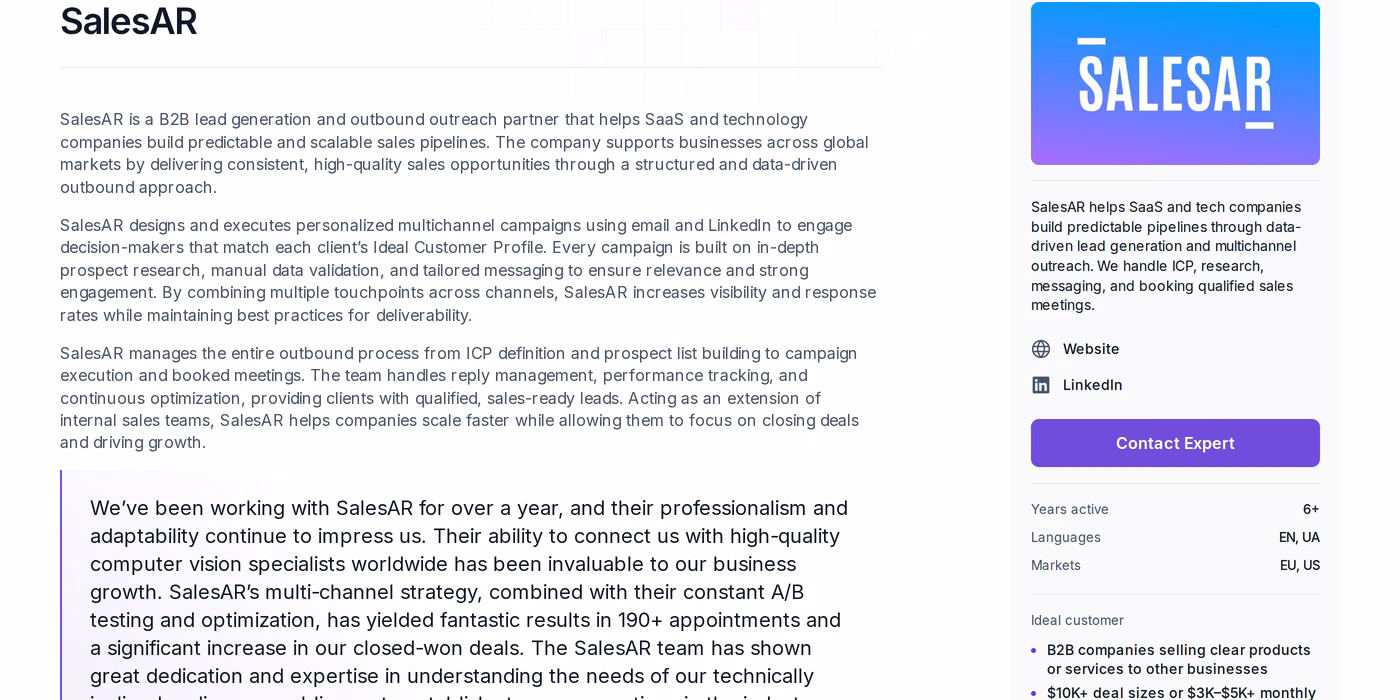 SalesAR profile page on the Salesforge Forge Expert directory showing full-process outbound management and a named client result