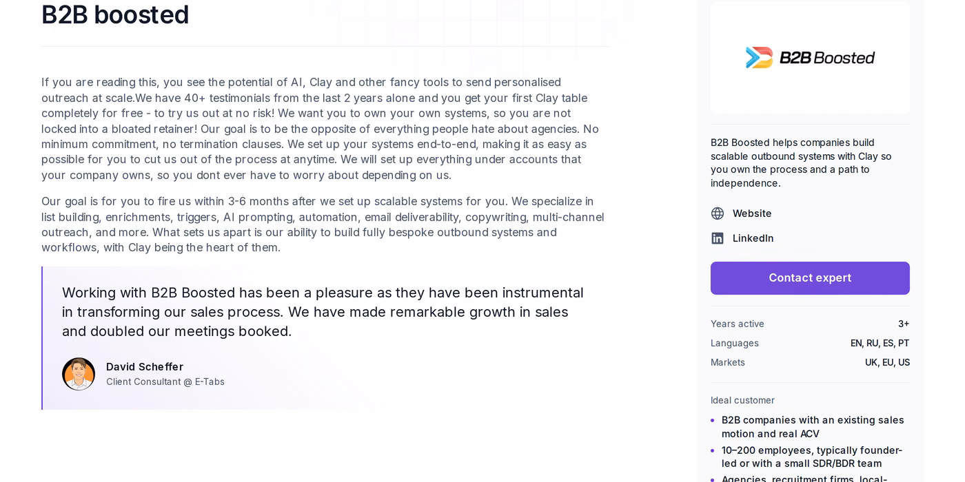 B2B Boosted profile page on the Salesforge Forge Expert directory showing services, markets, and a named client testimonial