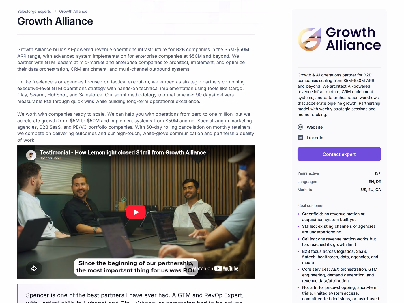 Growth Alliance profile page in the Forge Expert directory, showing 60-day rolling cancellation, a 90-day sprint timeline and 15 plus years active