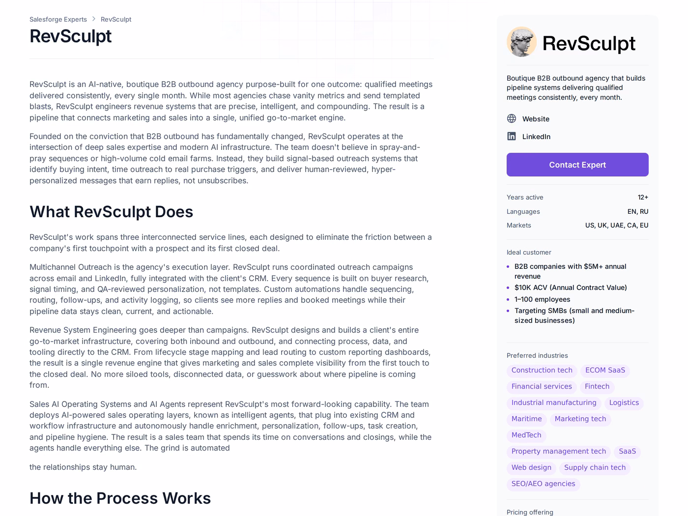 RevSculpt profile page in the Forge Expert directory, describing signal-based outreach with 12 plus years active and US, UK, UAE, CA and EU markets listed