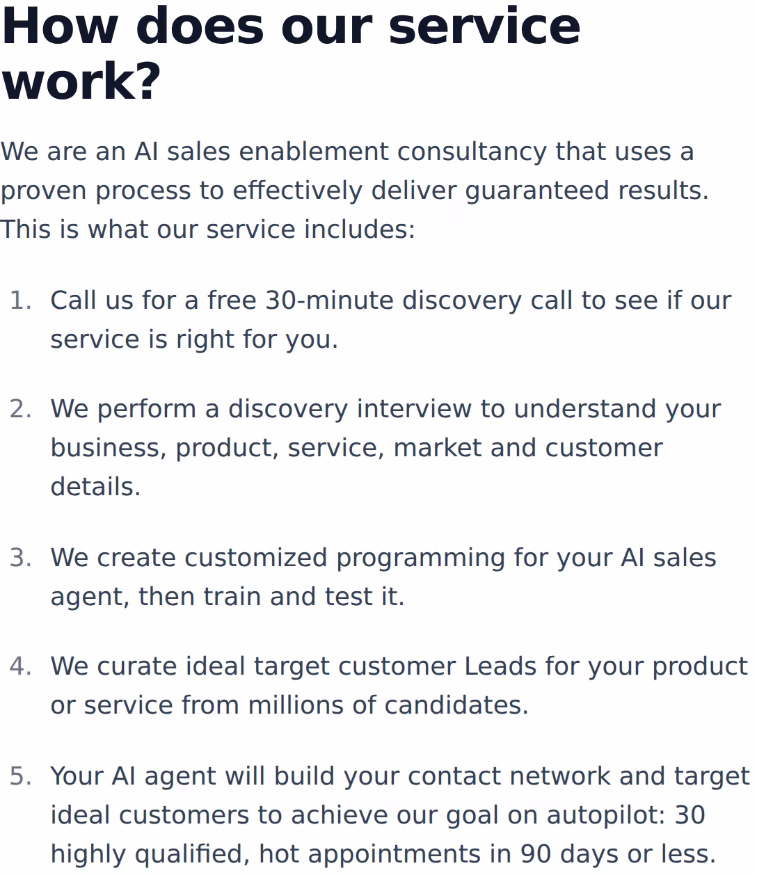 The published AI Sales Consulting process steps, ending with a goal of 30 qualified appointments in 90 days or less