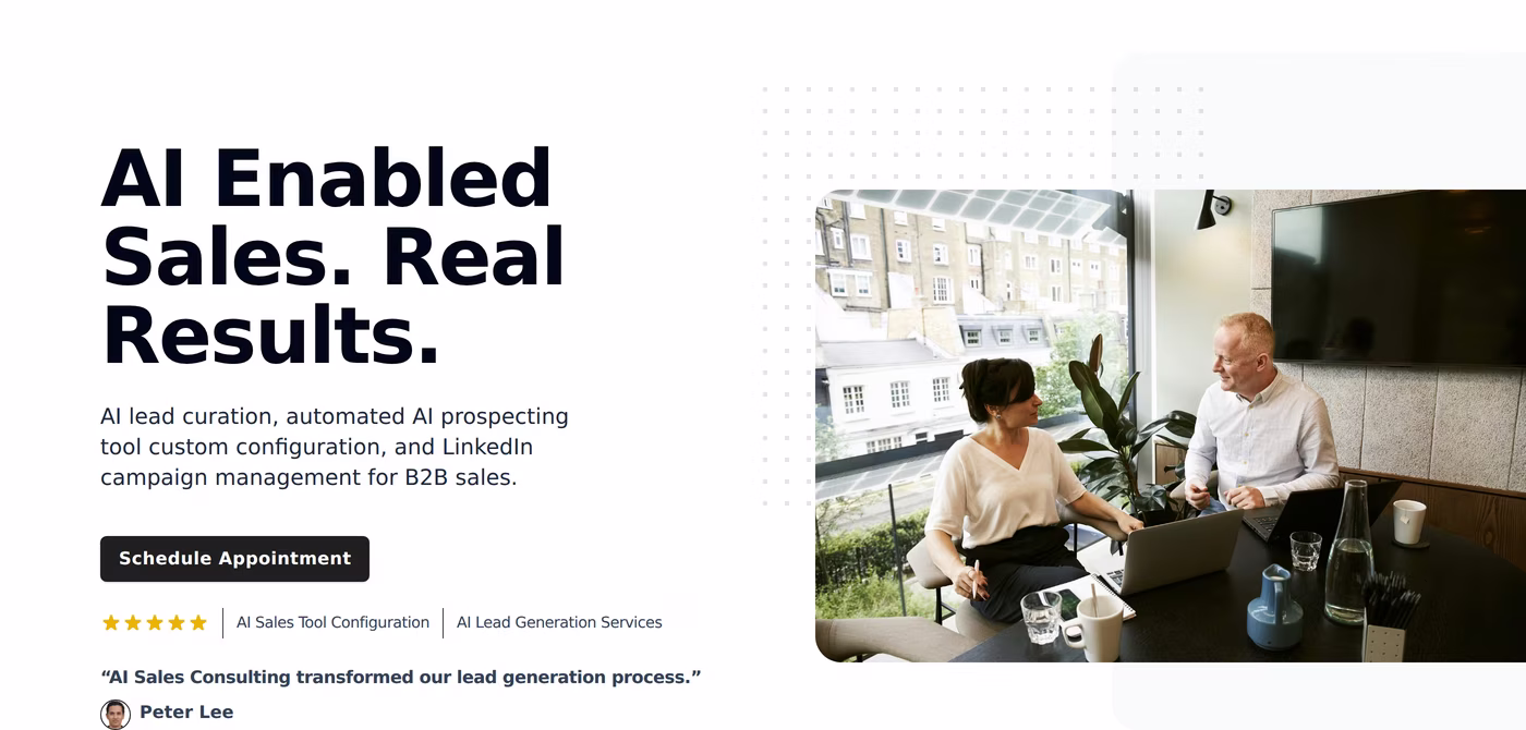AI Sales Consulting homepage hero with the headline AI Enabled Sales, Real Results and a five-star graphic